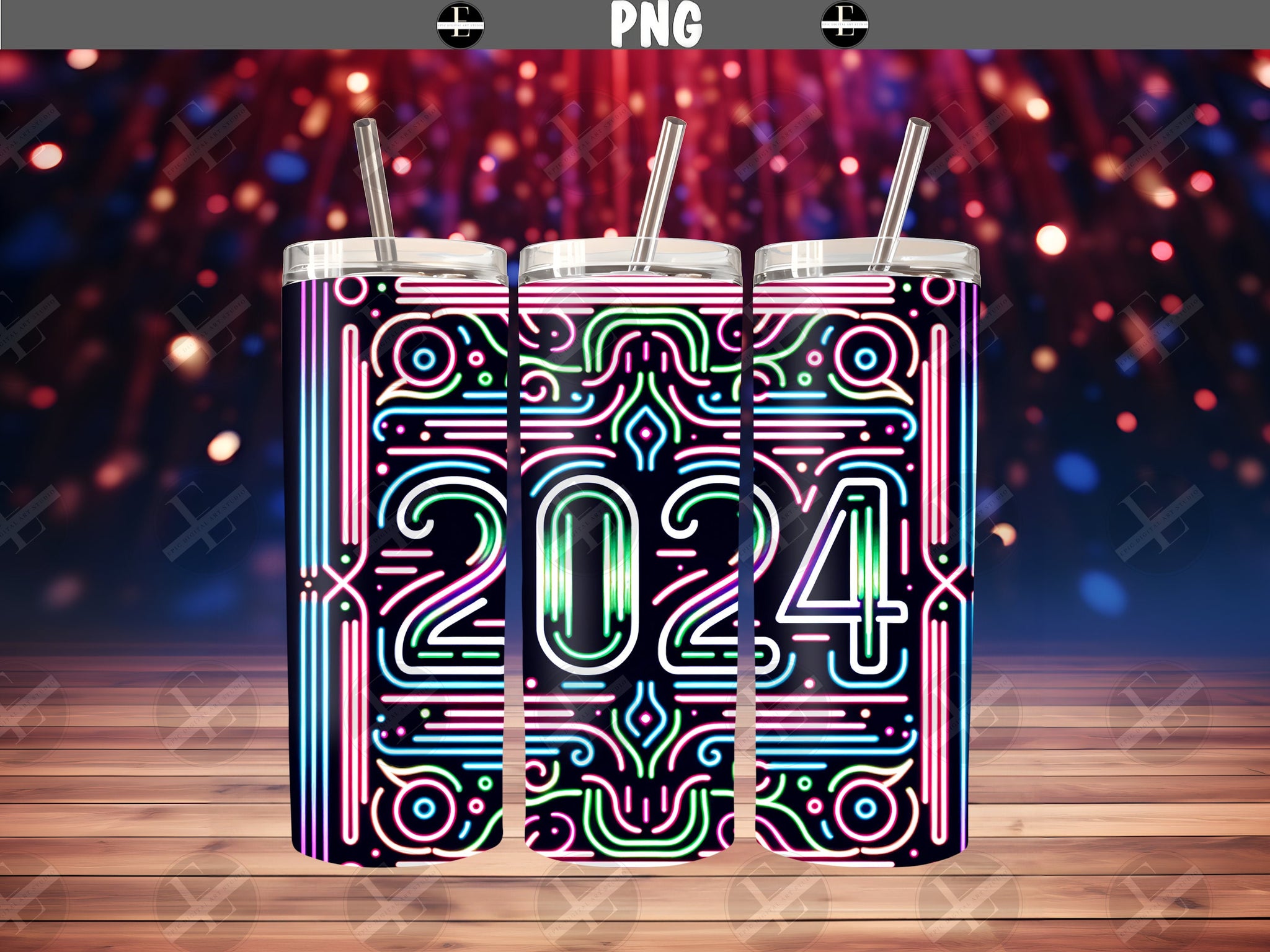 New Year 2024 Tumbler Wraps - Neon 2024 Skinny Tumbler Wrap Design - Ideal Tumbler Sublimation Designs Straight & Tapered - Instant Download