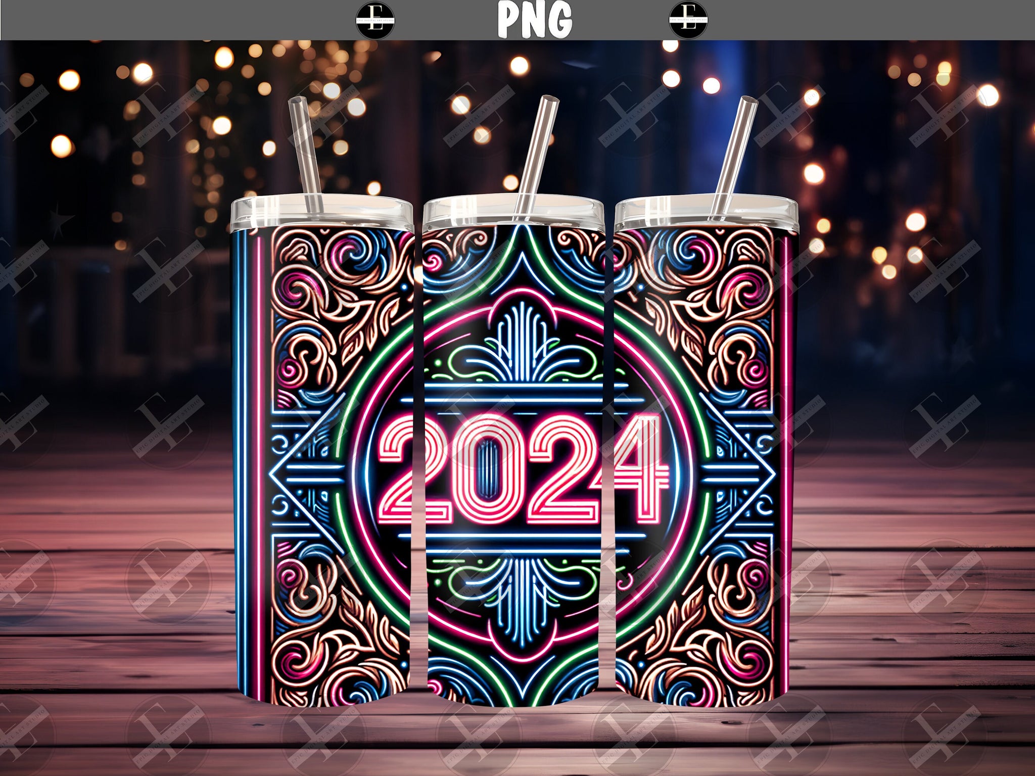 New Year 2024 Tumbler Wraps - Neon 2024 Skinny Tumbler Wrap Design - Ideal Tumbler Sublimation Designs Straight & Tapered - Instant Download