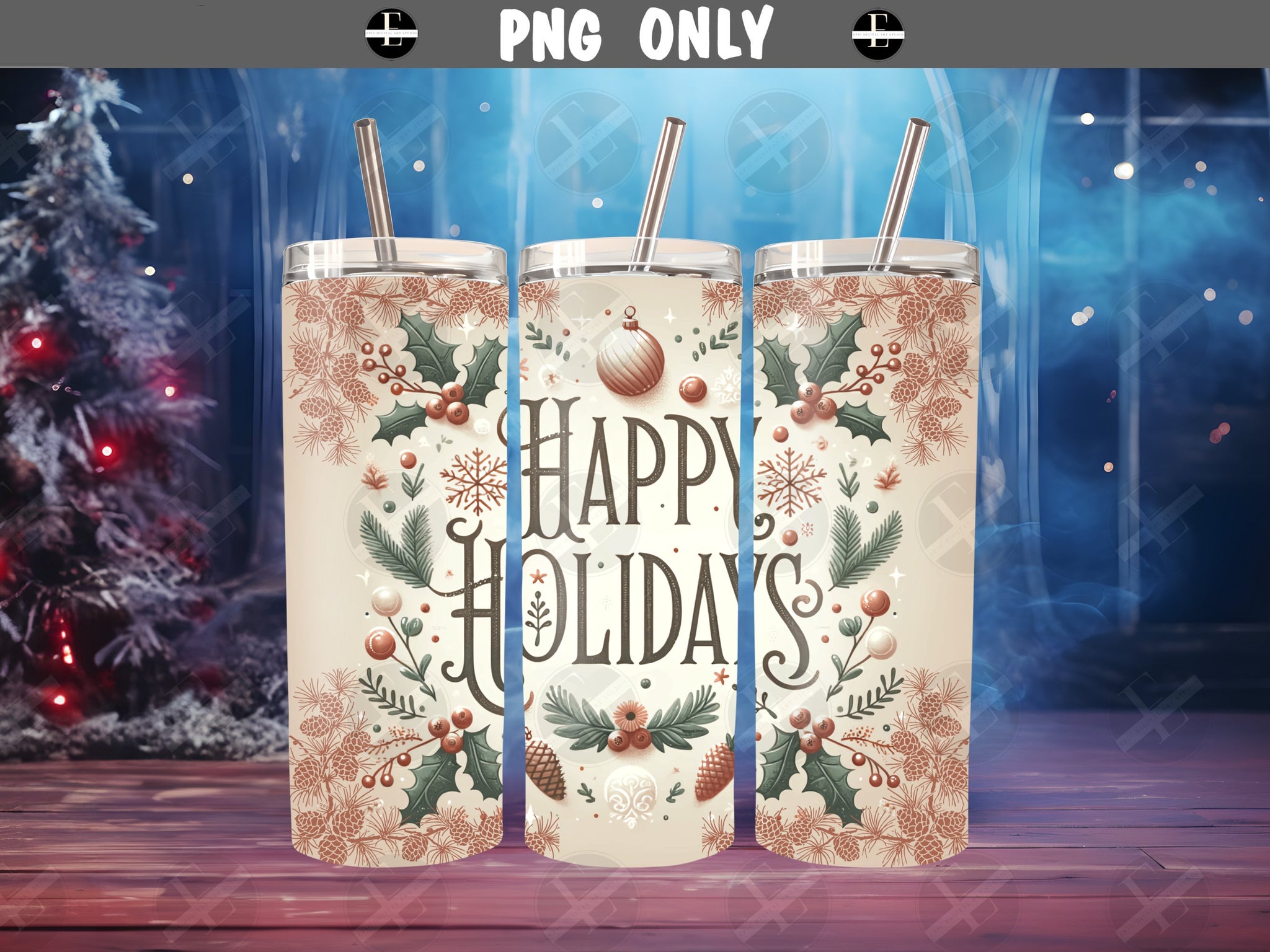 Vintage Happy Holidays Wrap - ChristmasTumbler Wraps - Skinny Tumbler Wrap - Sublimation Designs Straight & Tapered - Instant Download