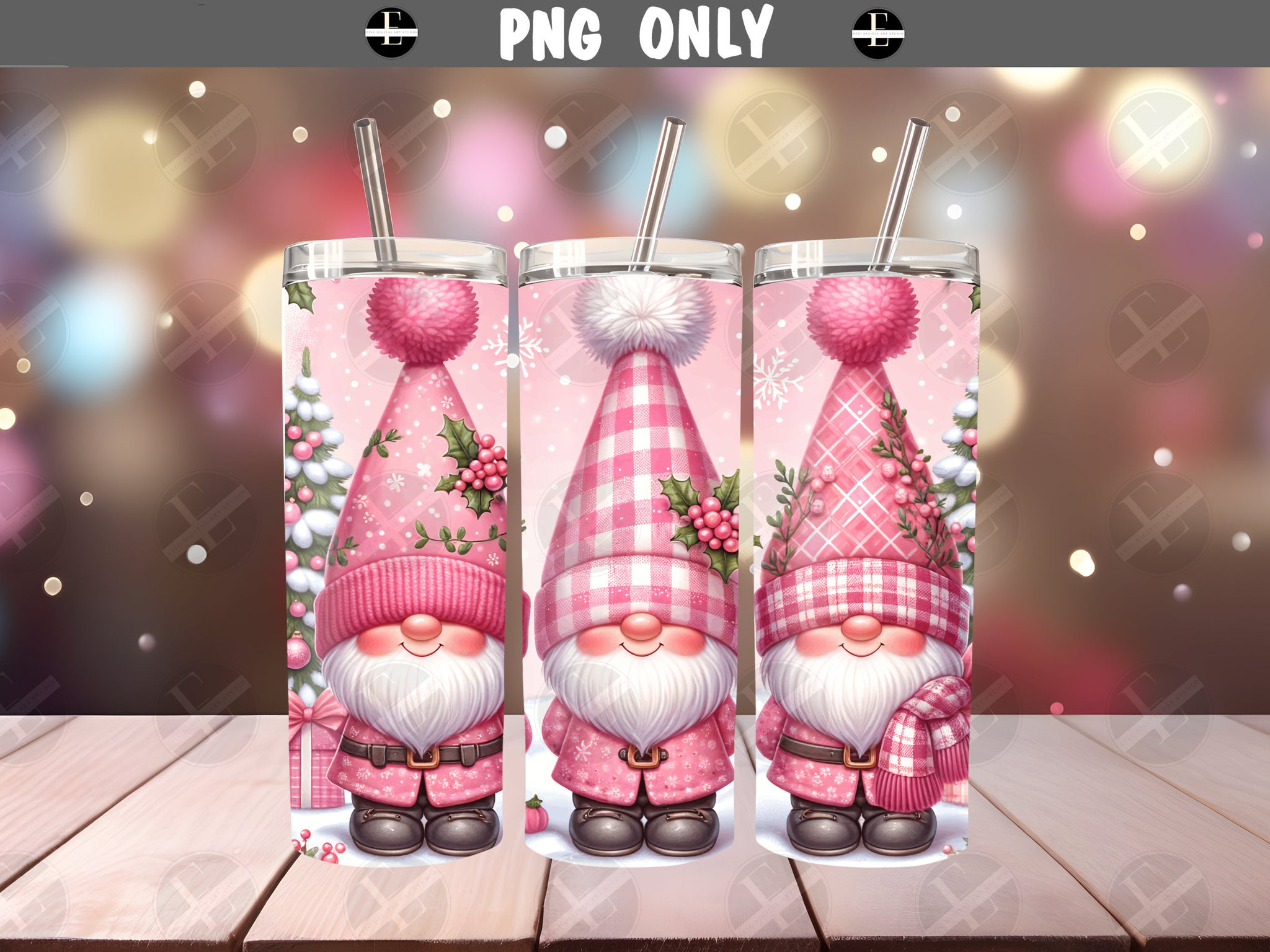 Pink Christmas Gnomes Skinny Tumbler Wrap - Christmas Tumbler Wraps - Tumbler Sublimation Designs Straight & Tapered - Instant Download