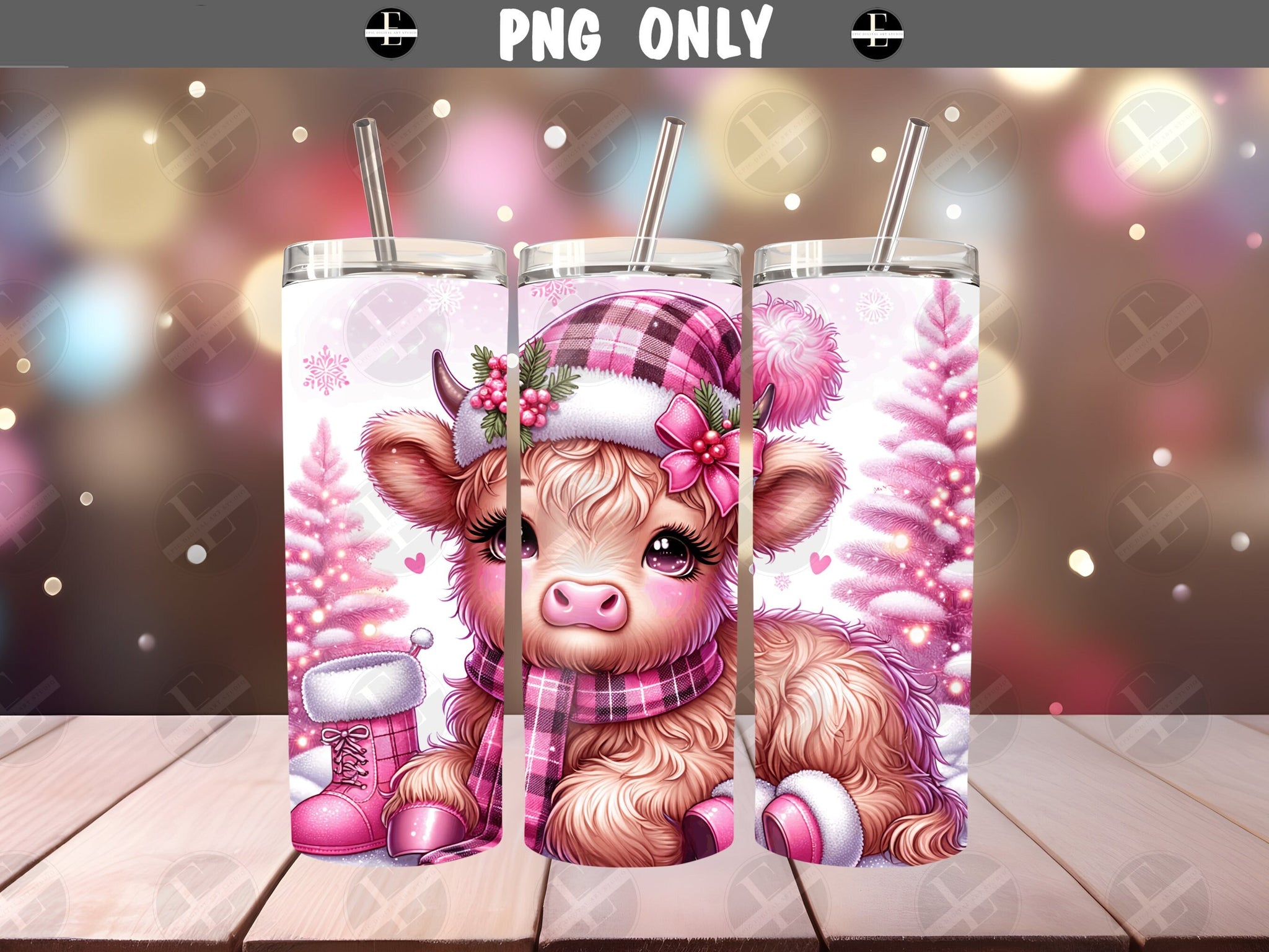 christmas tumbler wraps, pink highland cow calf skinny tumbler wrap design 20 oz