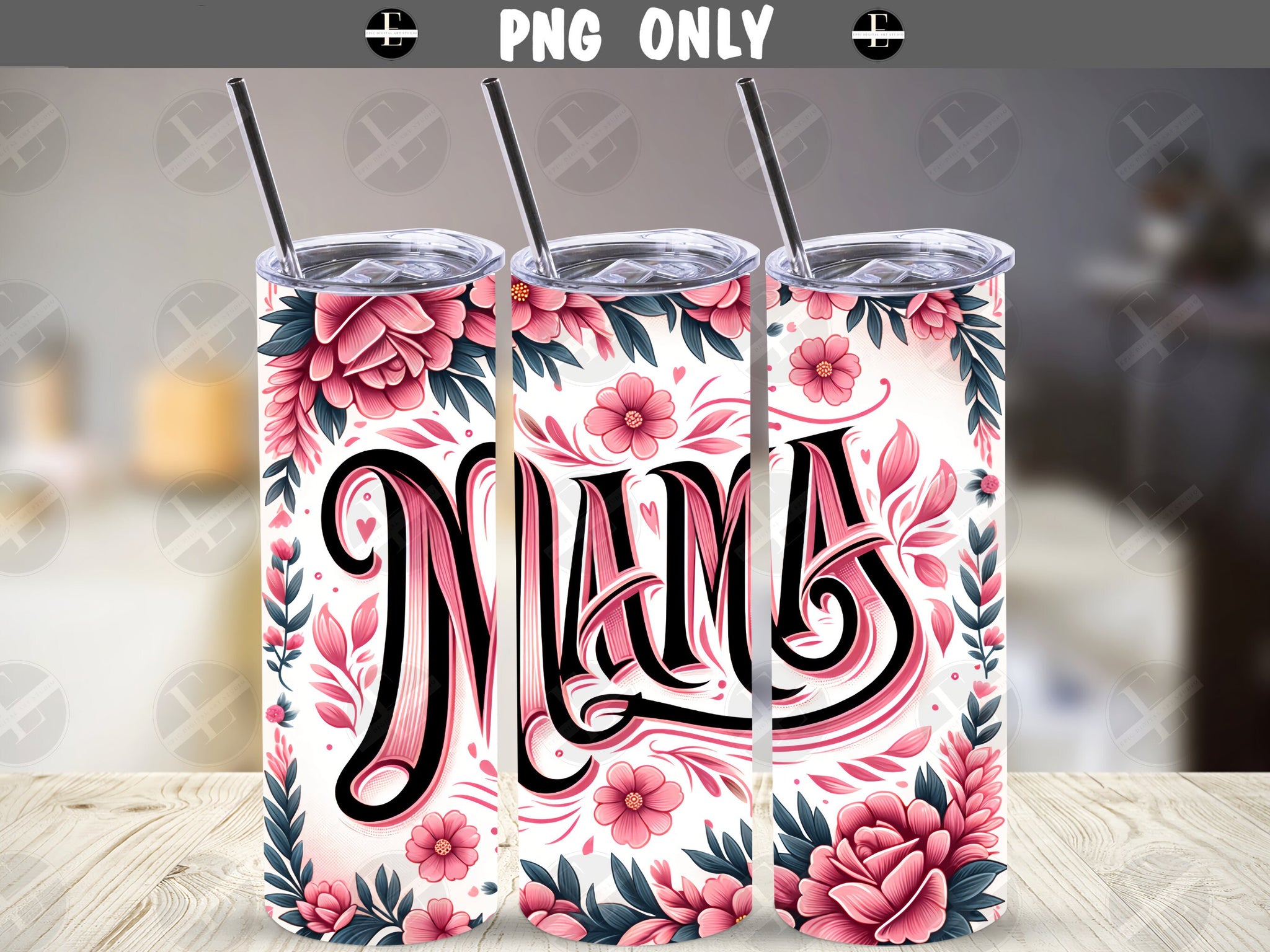 Mama Tumbler Wraps - Mama In Floral Skinny Tumbler Wrap Design - Tumbler Sublimation Designs Straight & Tapered - Instant Download