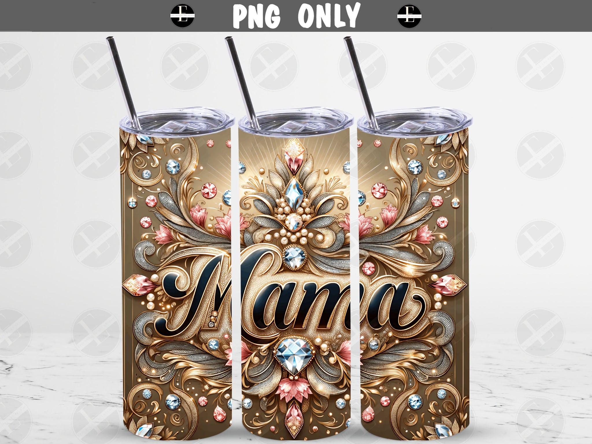 Family Tumbler Wraps - Mama In Jewels Gold Skinny Tumbler Wrap Design - Tumbler Sublimation Designs Straight & Tapered - Instant Download