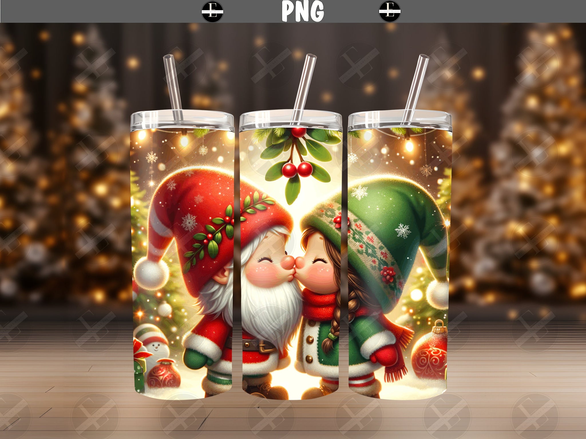 Christmas Tumbler Wraps - Christmas Gnomes Kissing Skinny Tumbler Wrap - Tumbler Sublimation Designs Straight & Tapered - Instant Download