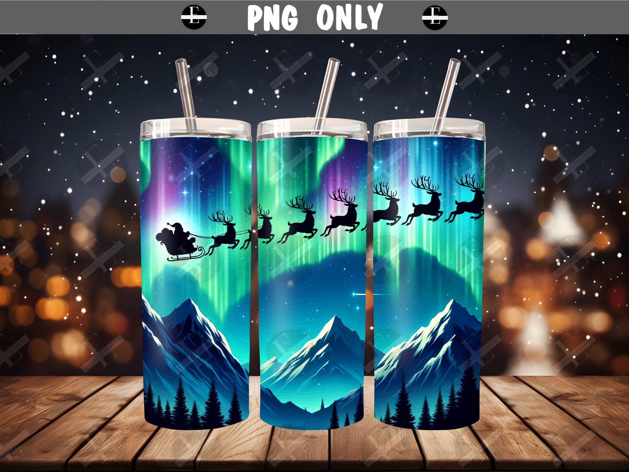 christmas tumbler wraps, christmas santa reindeer sleigh northern lights, skinny tumbler wrap designs 20 oz