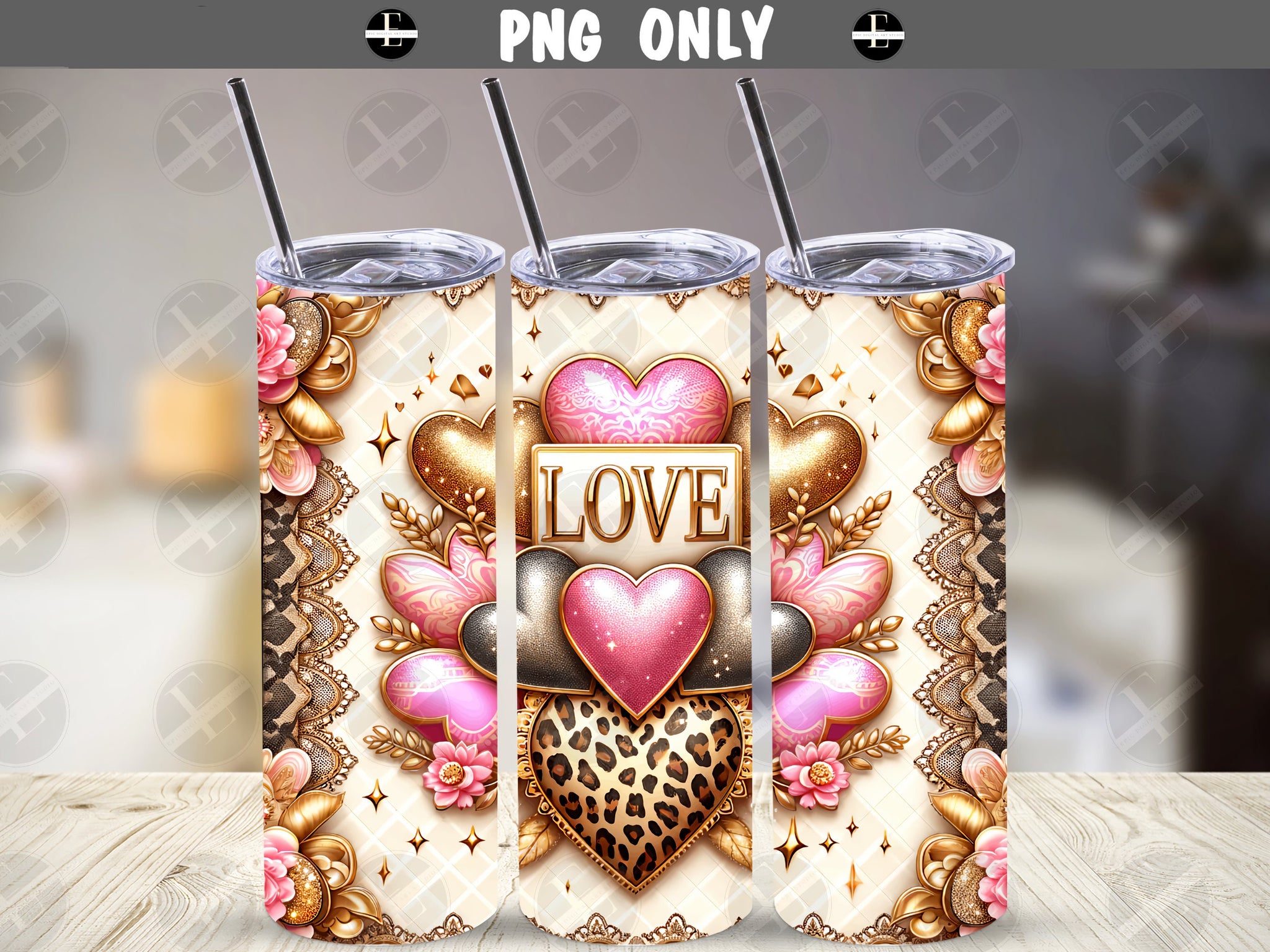 3D Valentines Tumbler Wraps - Love and Hearts Lace Skinny Tumbler Wrap Design - Sublimation Designs Straight & Tapered - Instant Download