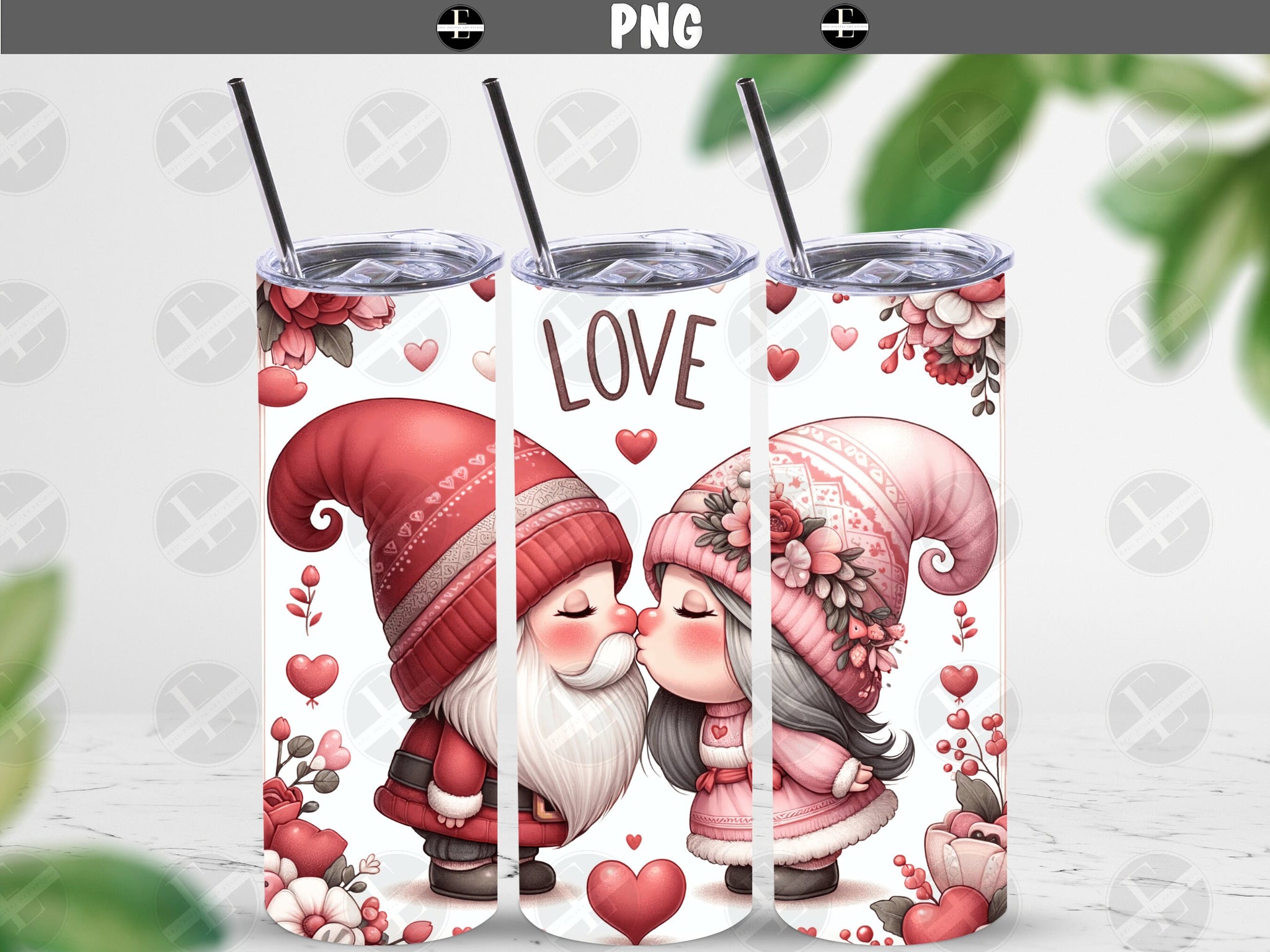 Valentine's Day Tumbler Wraps - Gnomes Kissing Skinny Tumbler Wrap Design - Sublimation Designs Straight & Tapered - Instant Download