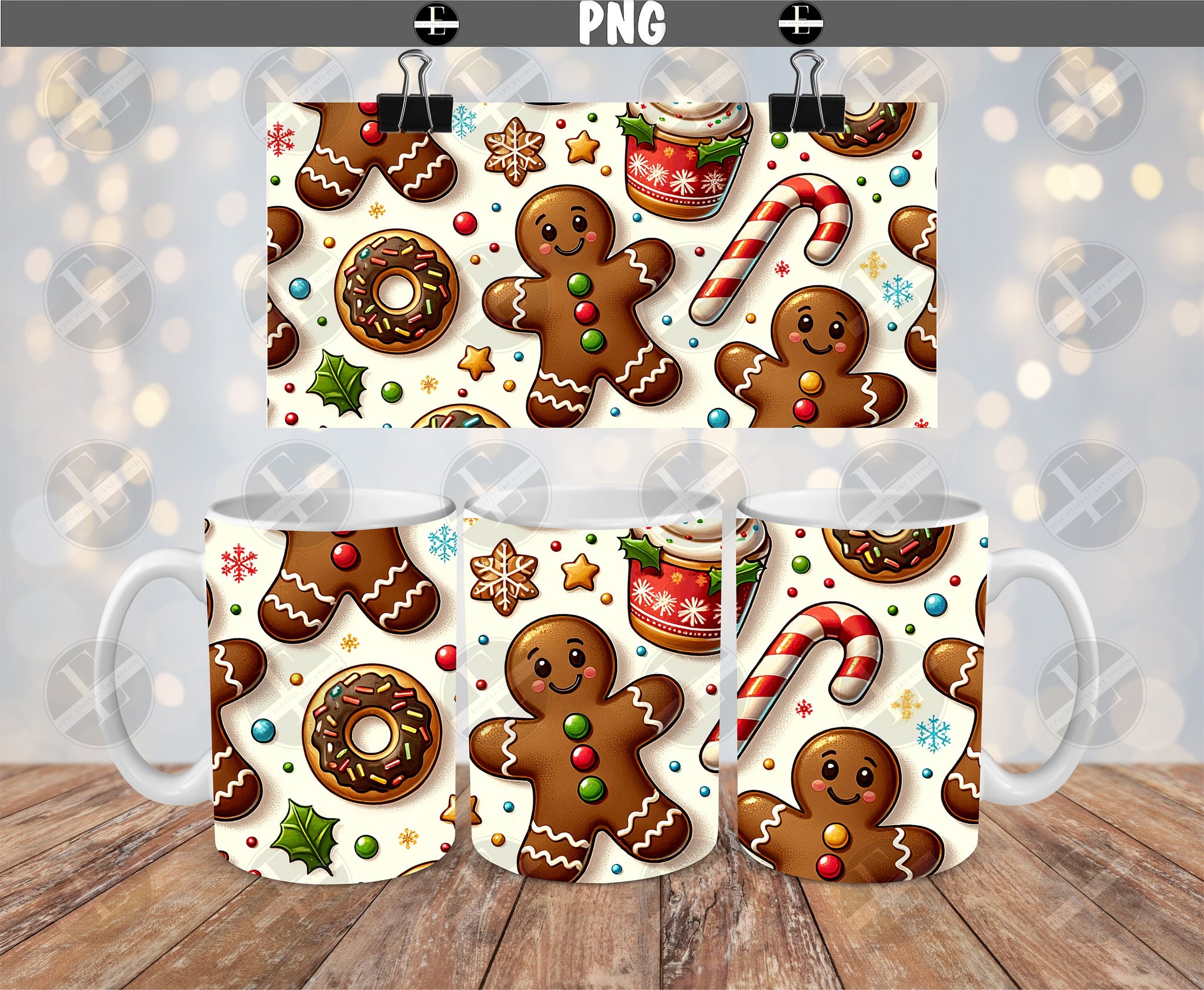 Christmas Mug Wrap - Gingerbread Man Cookies & Donuts 15 oz Mug Design - Ceramic Sublimation Wrap-Around - Instant Download - Commercial Use