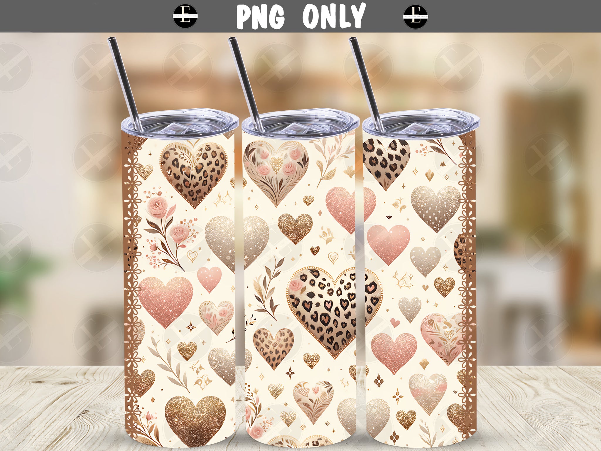 Valentines Day Tumbler Wraps - Animal Print Hearts Skinny Tumbler Wrap Design - Sublimation Designs Straight & Tapered - Instant Download