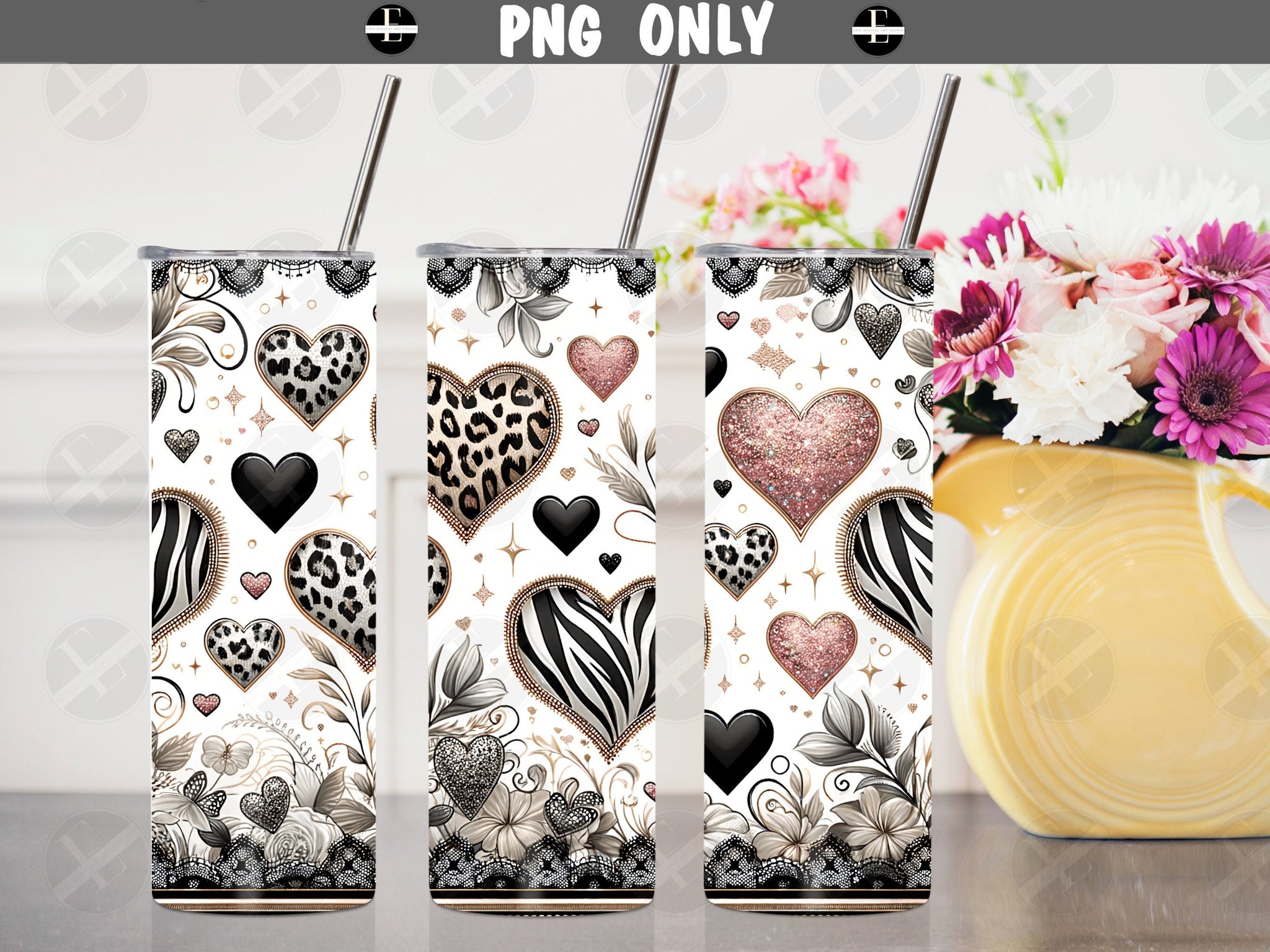 valentines tumbler wraps, skinny tumbler design animal print hearts and lace 20 oz