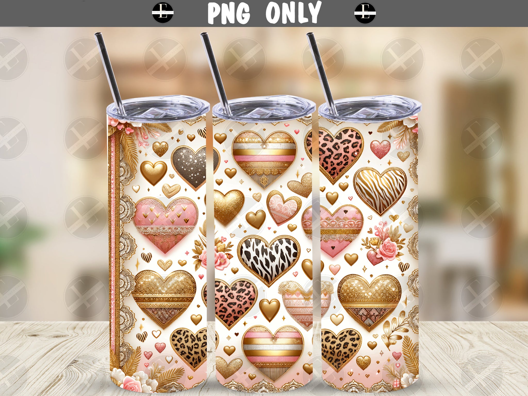 Valentines Day Tumbler Wraps - Animal Print Hearts Skinny Tumbler Wrap Design - Sublimation Designs Straight & Tapered - Instant Download