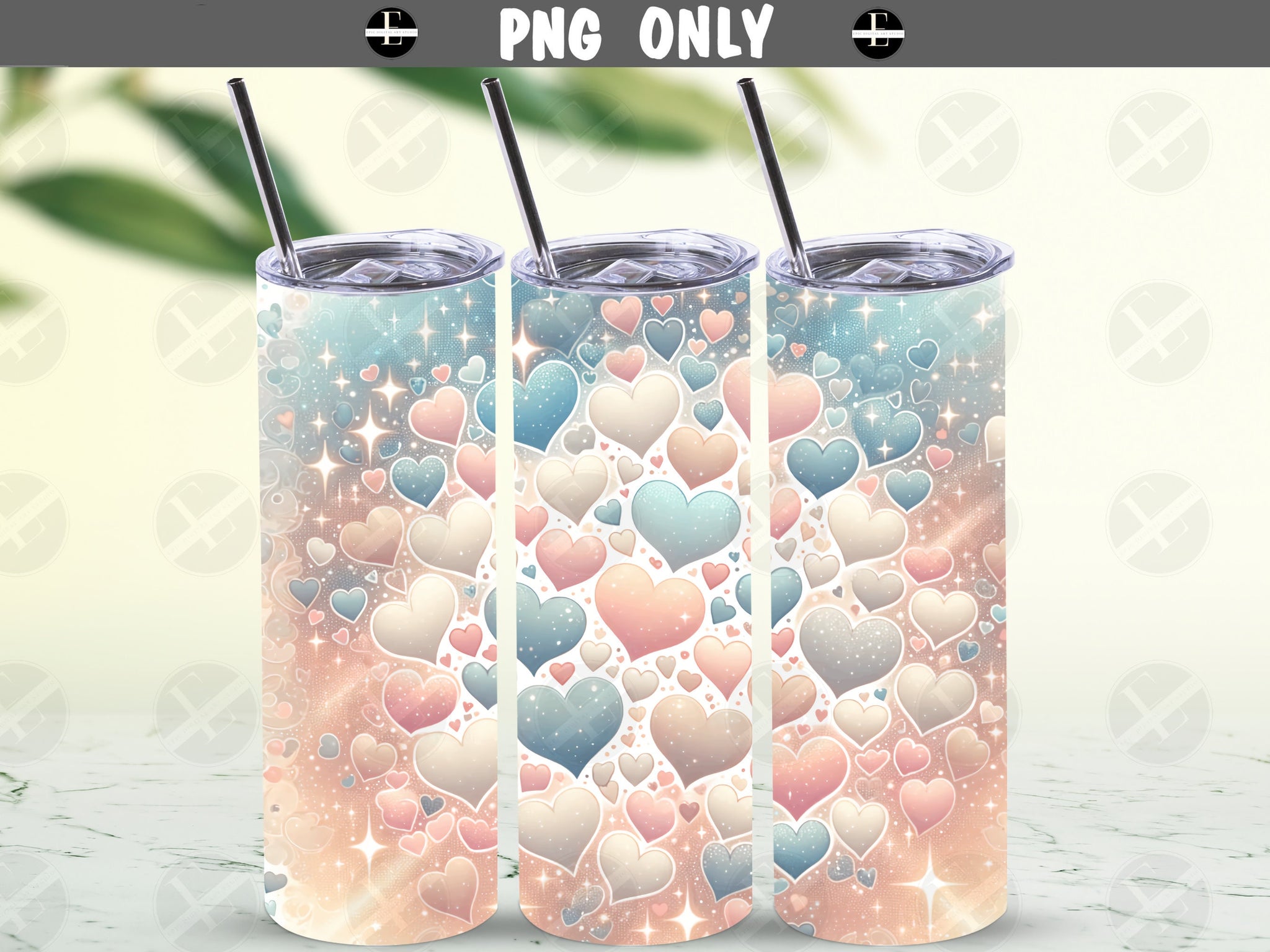 Valentines Day Tumbler Wraps - Love Pastel Hearts Skinny Tumbler Wrap Design - Sublimation Designs Straight & Tapered - Instant Download