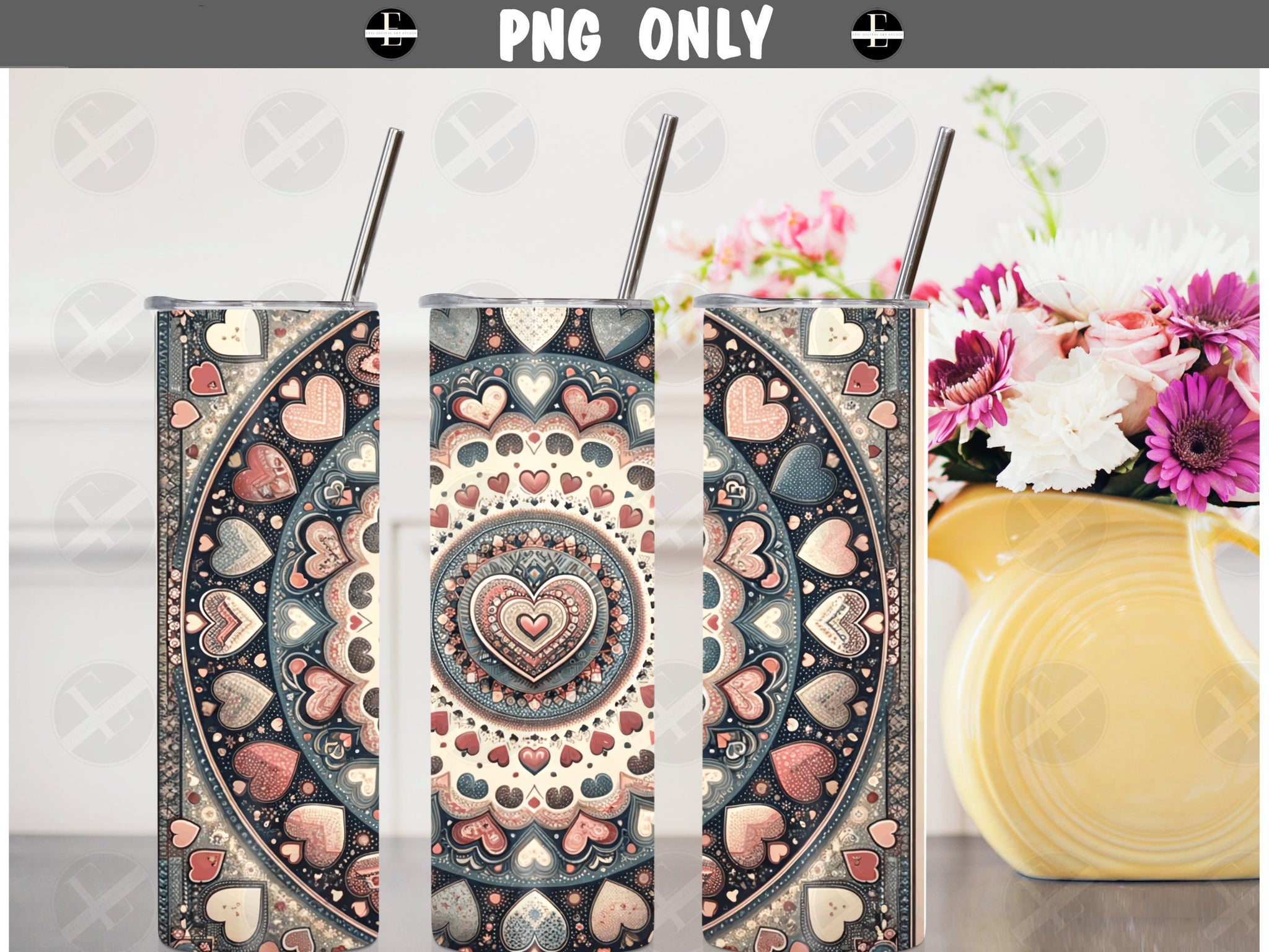 Valentines Day Tumbler Wraps - Boho Hearts Skinny Tumbler Wrap Design - Sublimation Designs Straight & Tapered - Instant Download