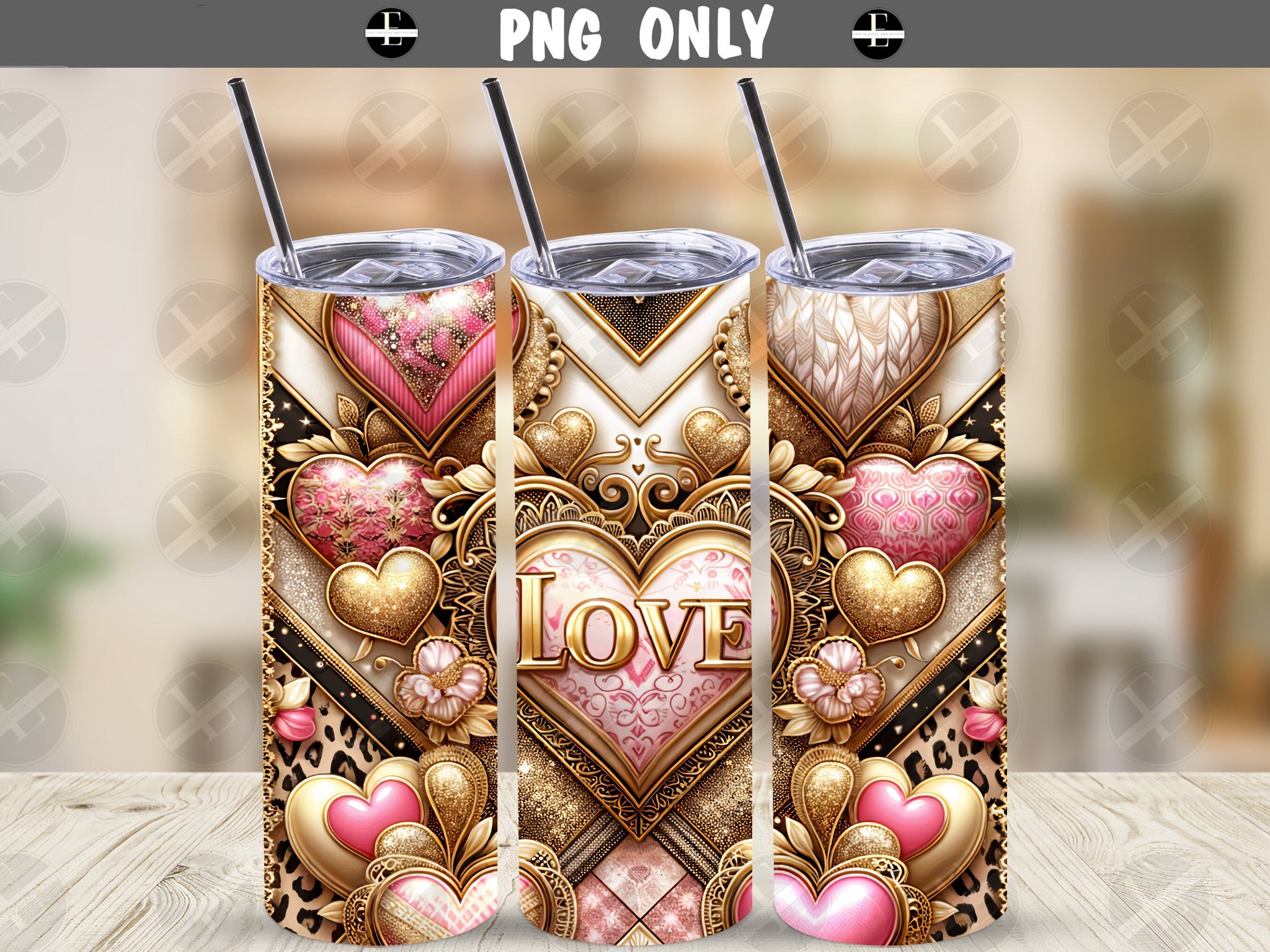 valentines tumbler wraps, love and gold hearts skinny tumbler design 20 oz