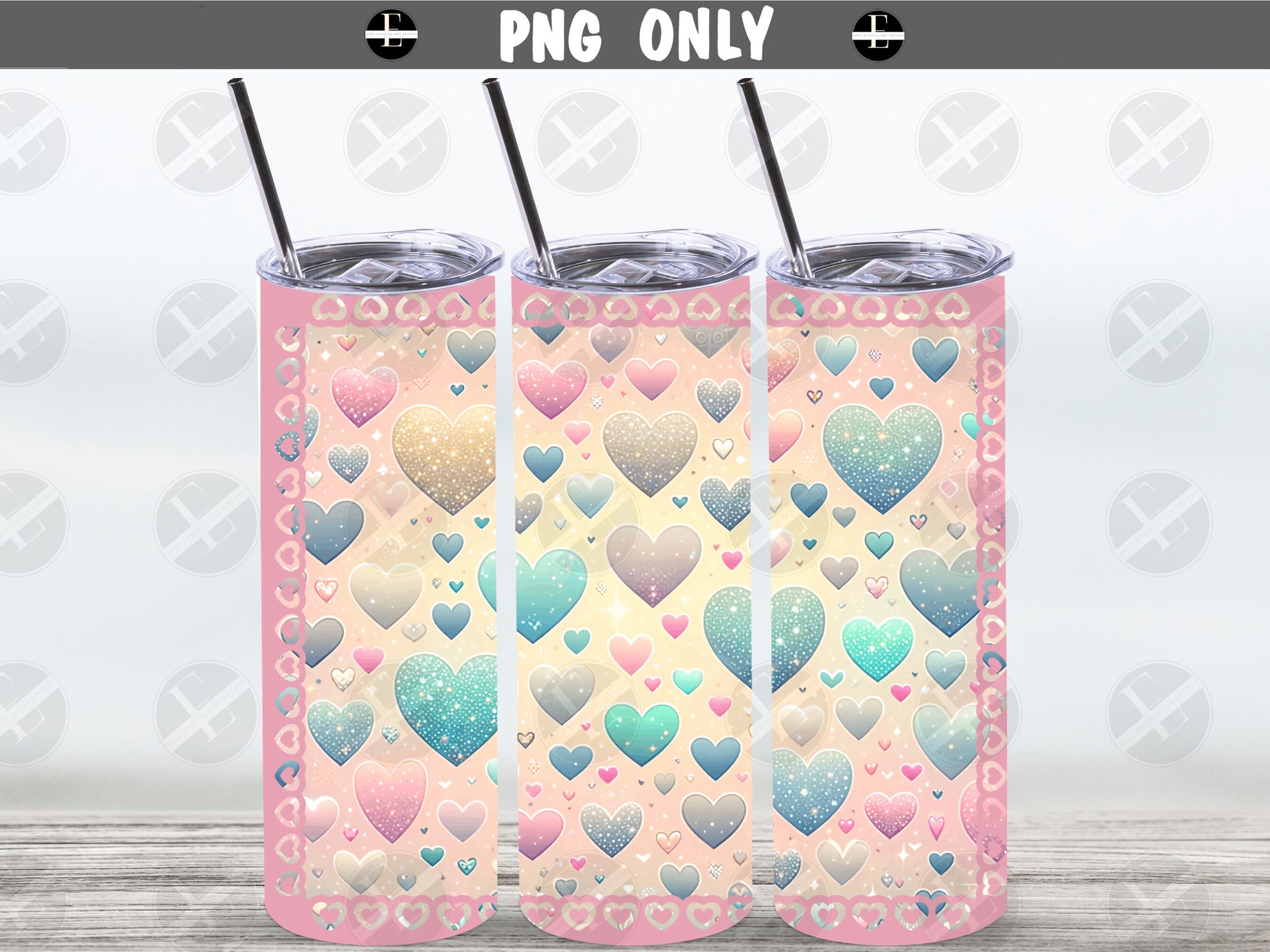 Valentines Day Tumbler Wraps - Glitter Pastel Hearts Skinny Tumbler Wrap Design - Sublimation Designs Straight & Tapered - Instant Download