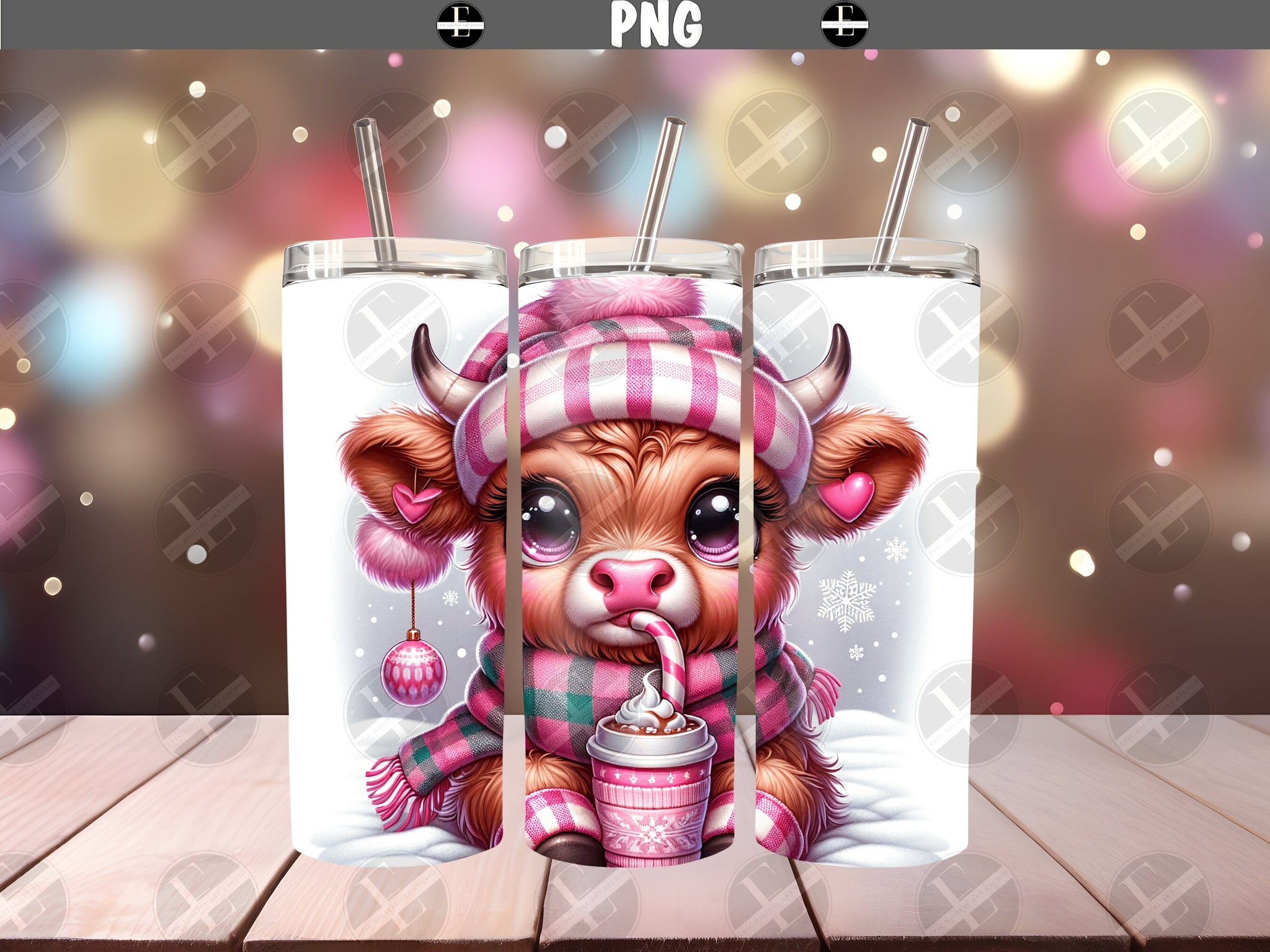 Pink Highland Cow Tumbler Wrap Design - Christmas Tumbler Wraps - Ideal Tumbler Sublimation Designs Straight & Tapered - Instant Download