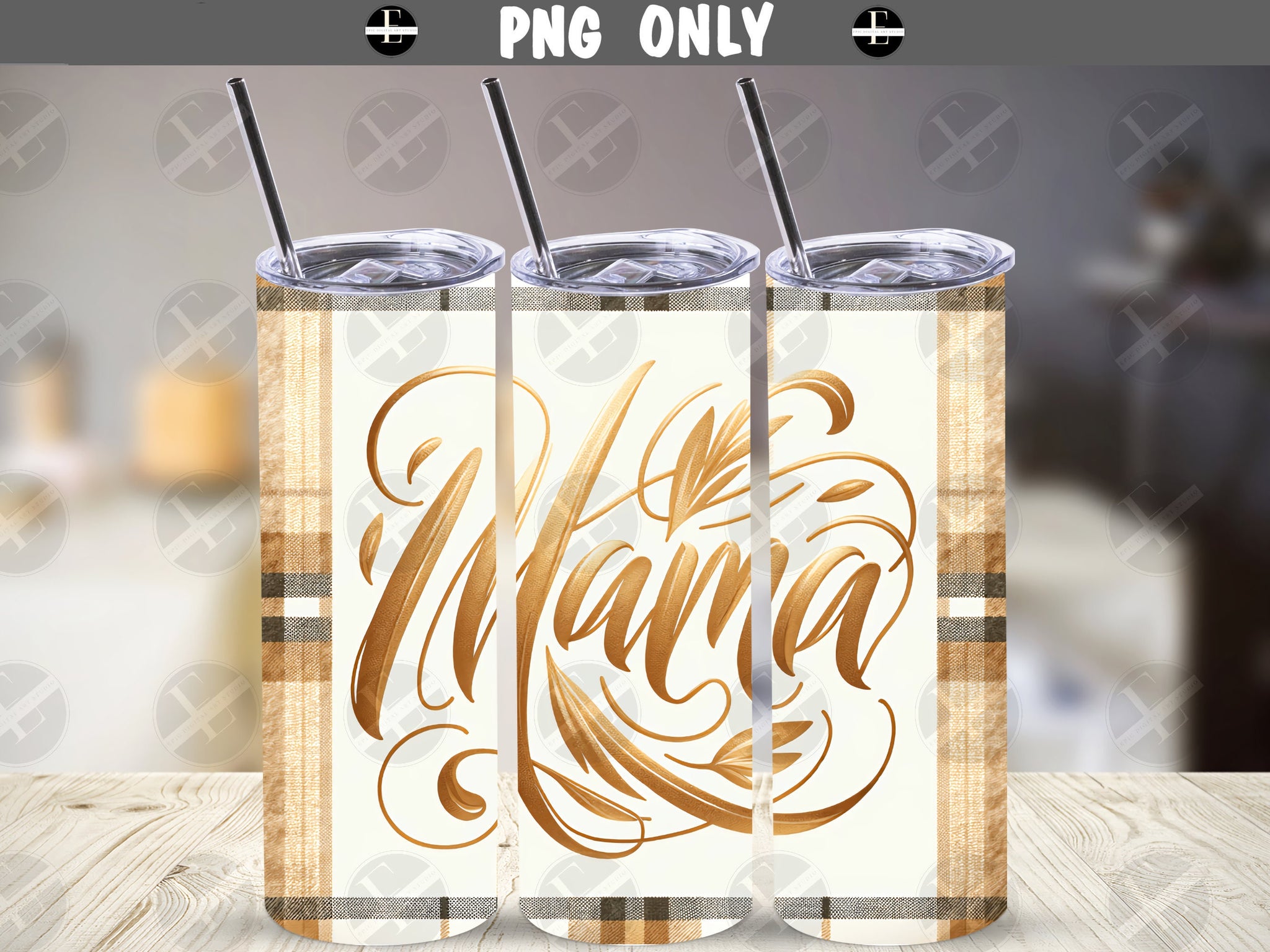 Family Tumbler Wraps - Mama In Gold and Plaid Skinny Tumbler Wrap Design - Tumbler Sublimation Designs Straight & Tapered - Instant Download