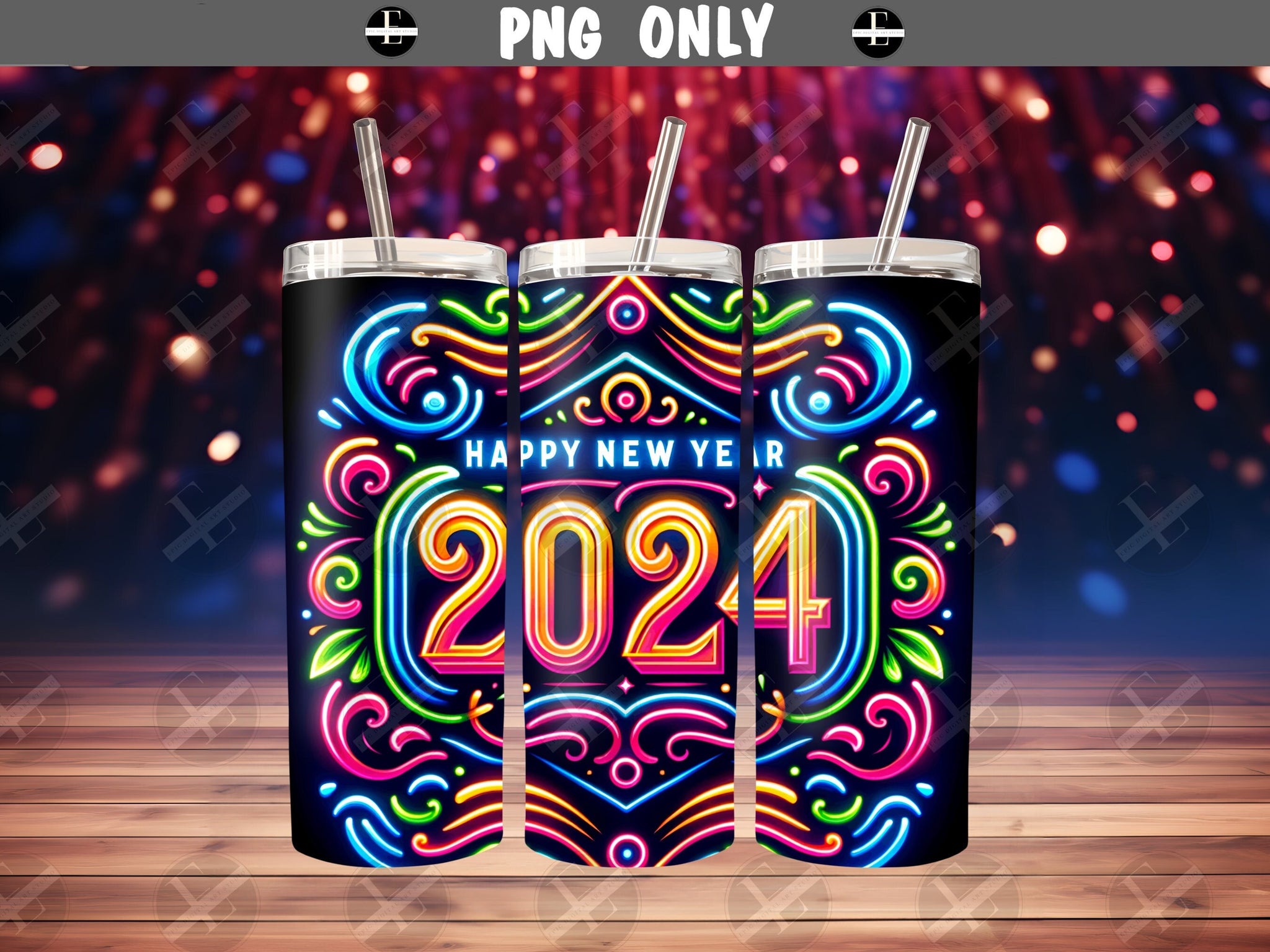 new year tumbler wraps, Happy New Year 2024 neon colors, skinny tumbler wraps design 20 oz