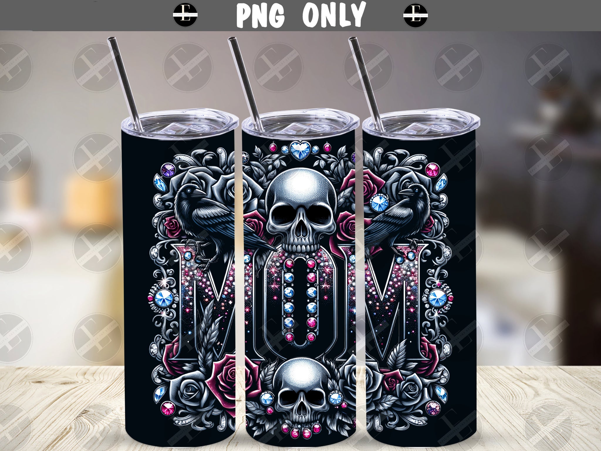 Mom Tumbler Wrap - Skulls and Roses Family Tumbler Wraps - Tumbler Sublimation Designs Straight & Tapered - Instant Download