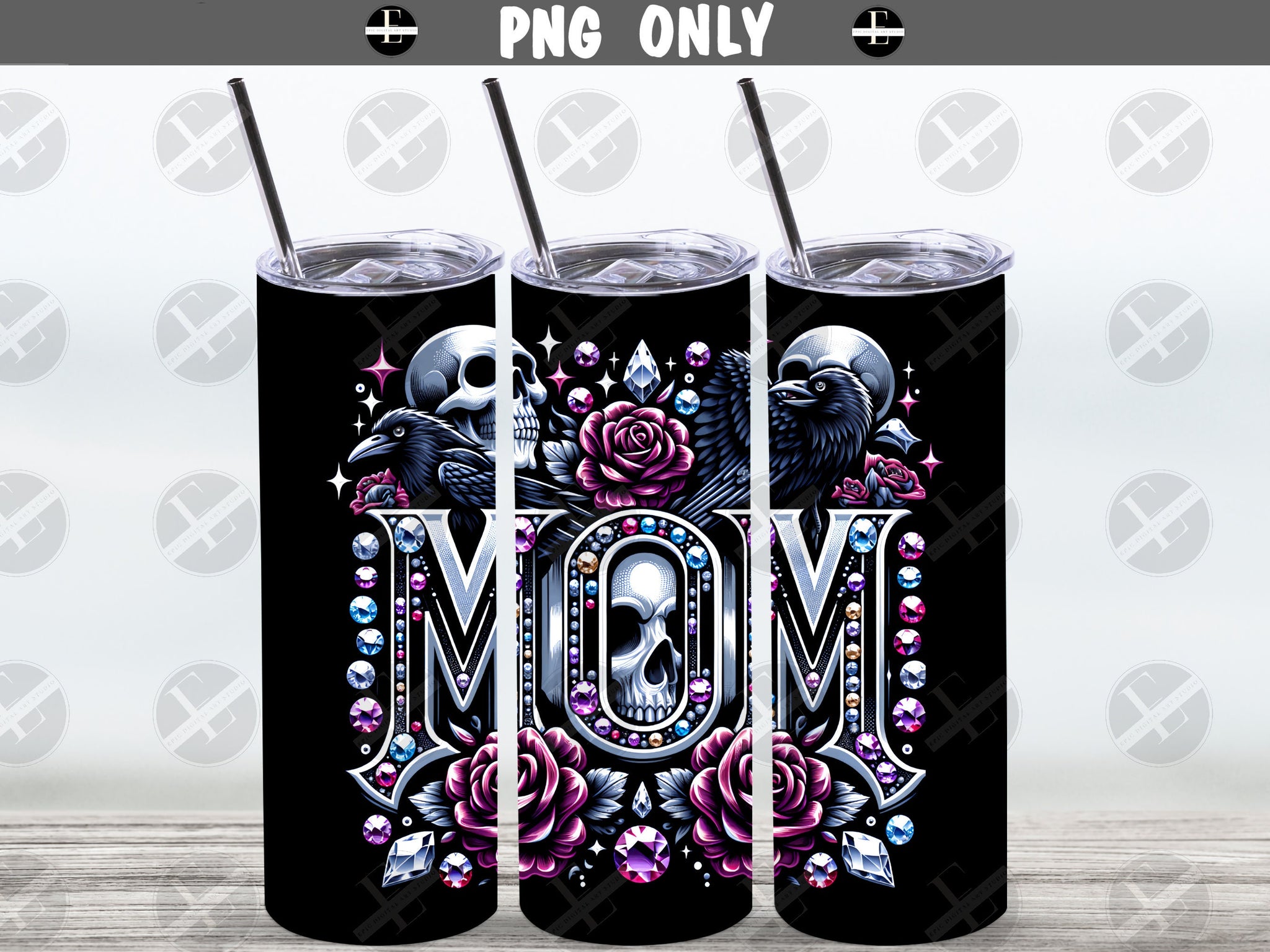 Mom Tumbler Wrap - Skulls and Roses Mom Jeweled Tumbler Wraps - Tumbler Sublimation Designs Straight & Tapered - Instant Download