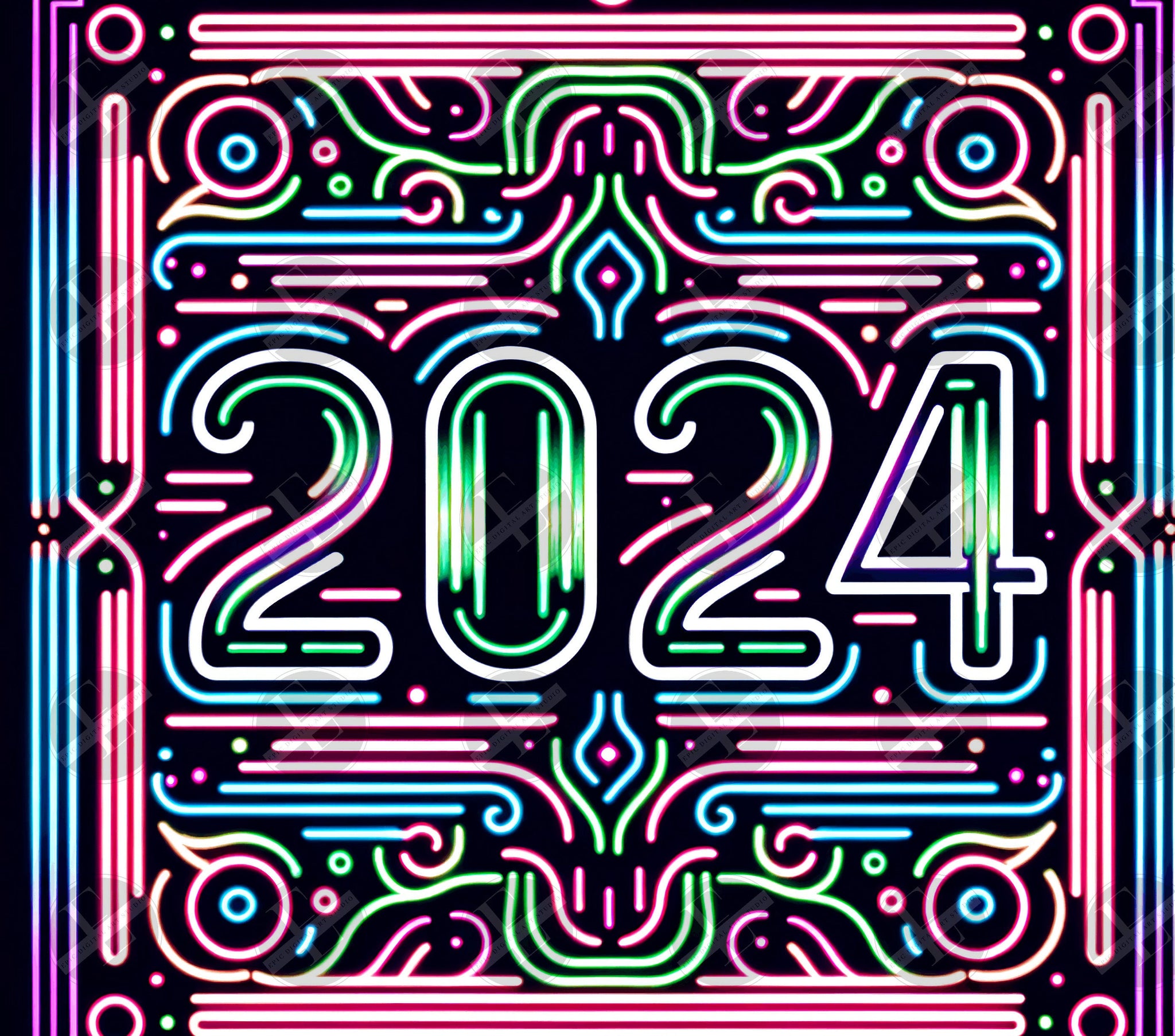 New Year 2024 Tumbler Wraps - Neon 2024 Skinny Tumbler Wrap Design - Ideal Tumbler Sublimation Designs Straight & Tapered - Instant Download