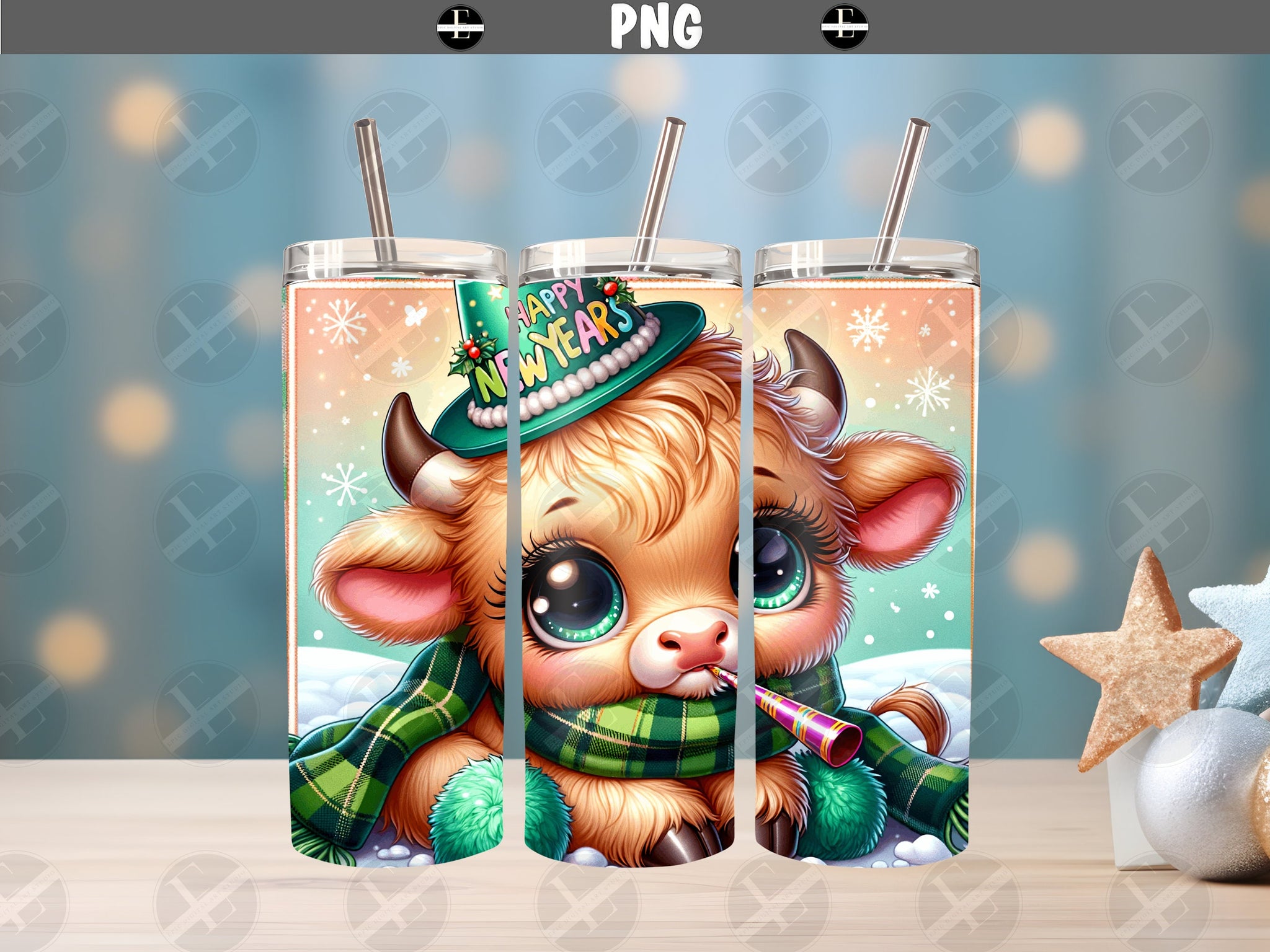 New Year 2024 Tumbler Wraps - Green Highland Cow Skinny Tumbler Wrap - Tumbler Sublimation Designs Straight & Tapered - Instant Download