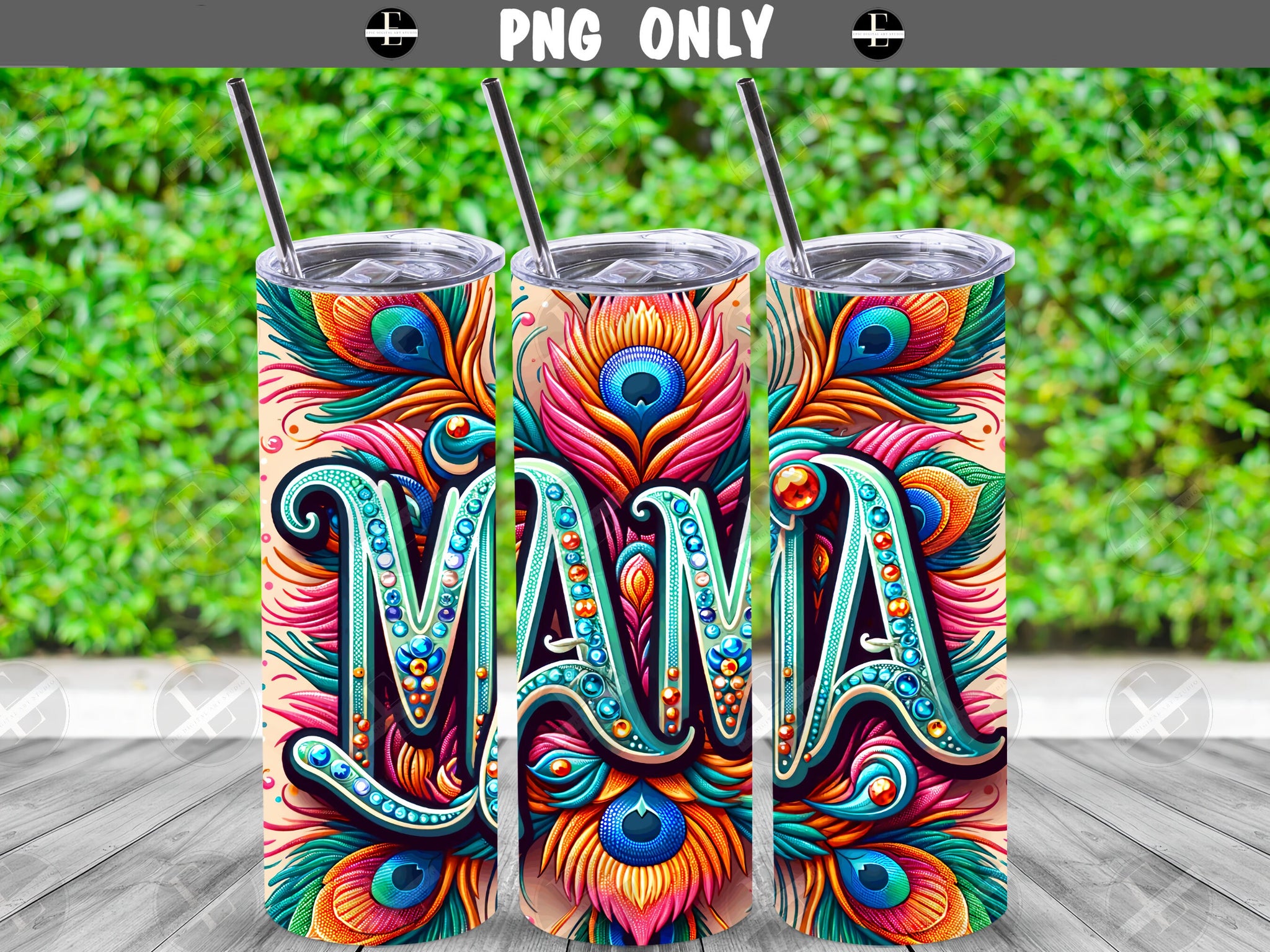 Family Tumbler Wraps - Mama In Jewels Peacock Skinny Tumbler Wrap Design - Tumbler Sublimation Designs Straight & Tapered - Instant Download