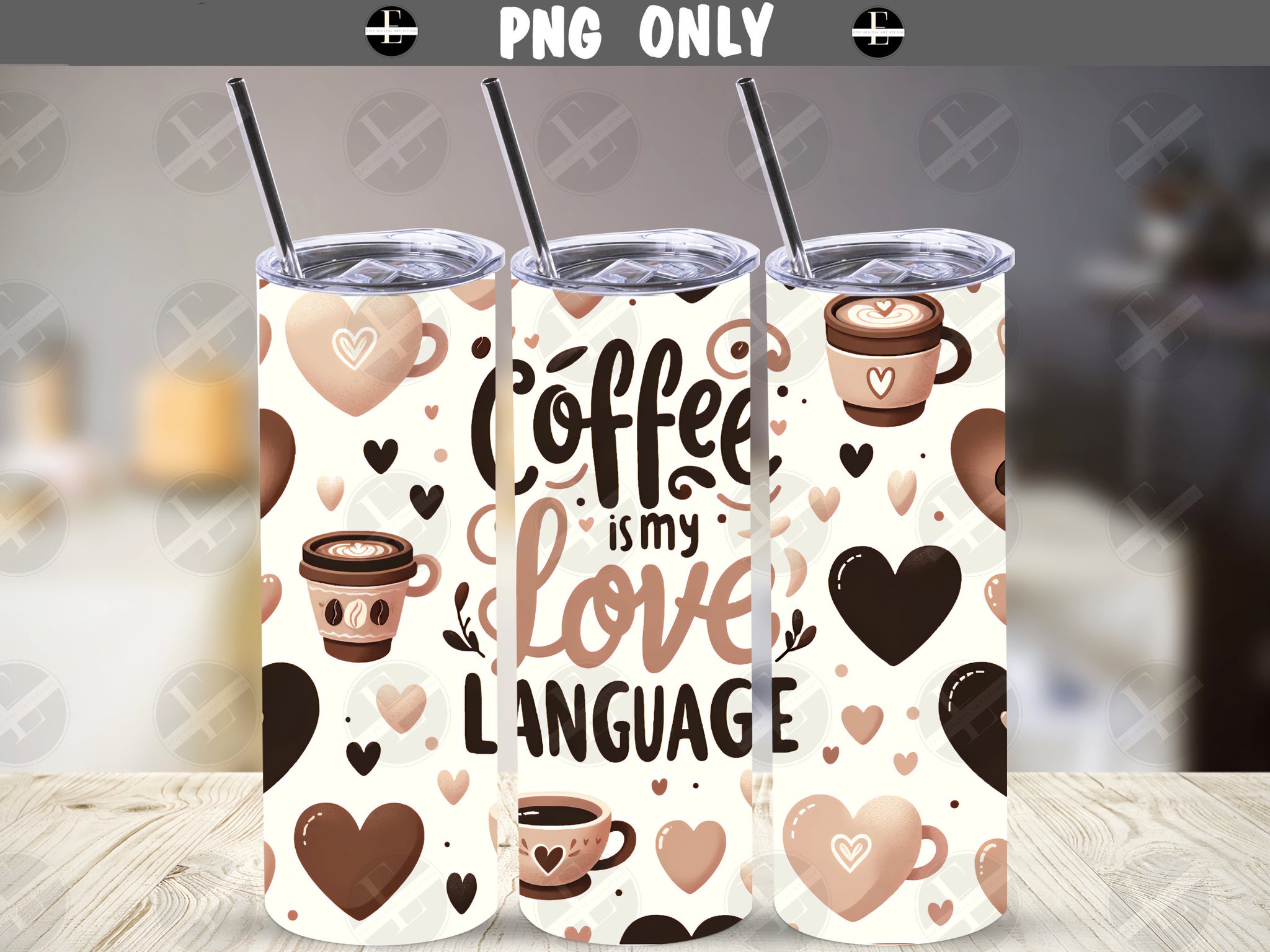 Valentines Tumbler Wraps - Coffee Love Language Skinny Tumbler Wrap Design - Sublimation Designs Straight & Tapered - Instant Download