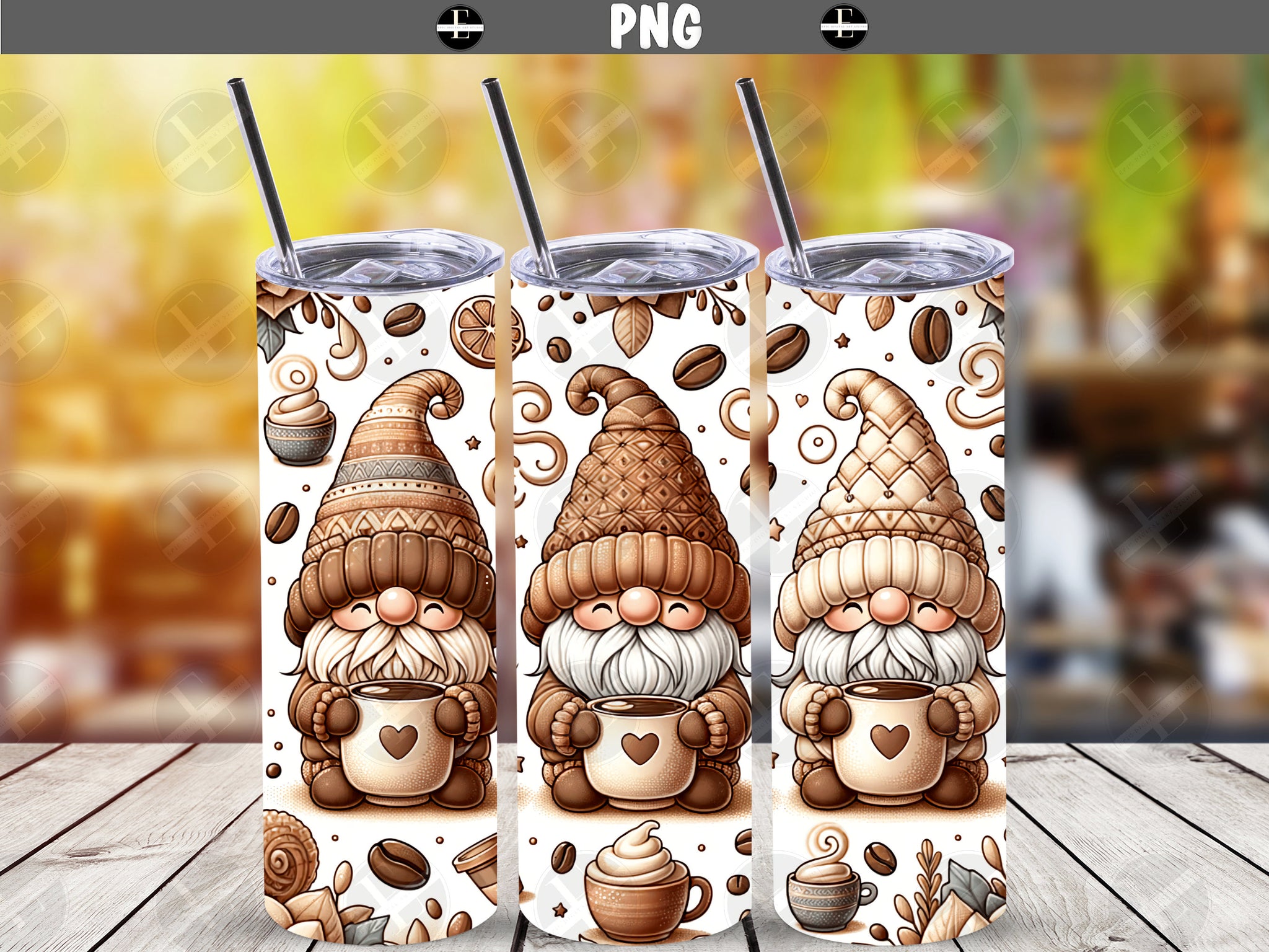 Gnomes Love Coffee Tumbler Wraps - Skinny Tumbler Wrap Design - Sublimation Designs Straight & Tapered - Instant Download