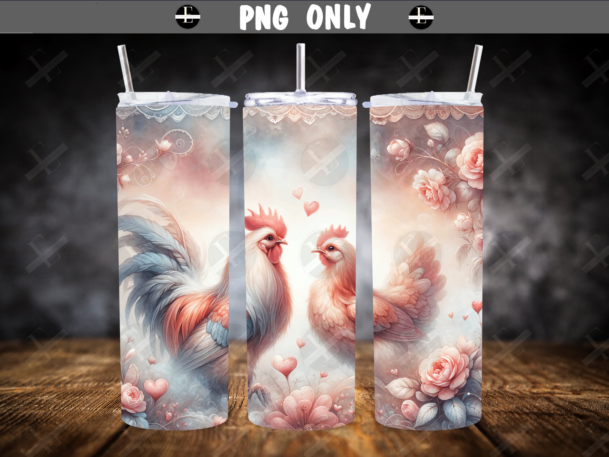 Chickens Tumbler Wraps - Chicken and Rooster Love Pet Tumbler Wrap Design - Sublimation Designs Straight & Tapered - Instant Download