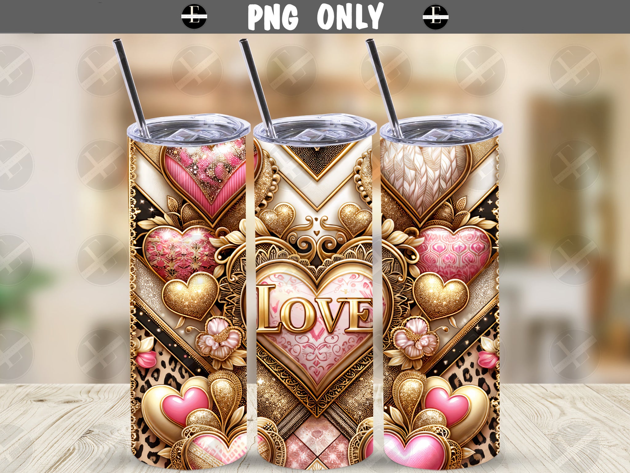 3D Valentines Day Tumbler Wraps - Love Gold Hearts Skinny Tumbler Wrap Design - Sublimation Designs Straight & Tapered - Instant Download