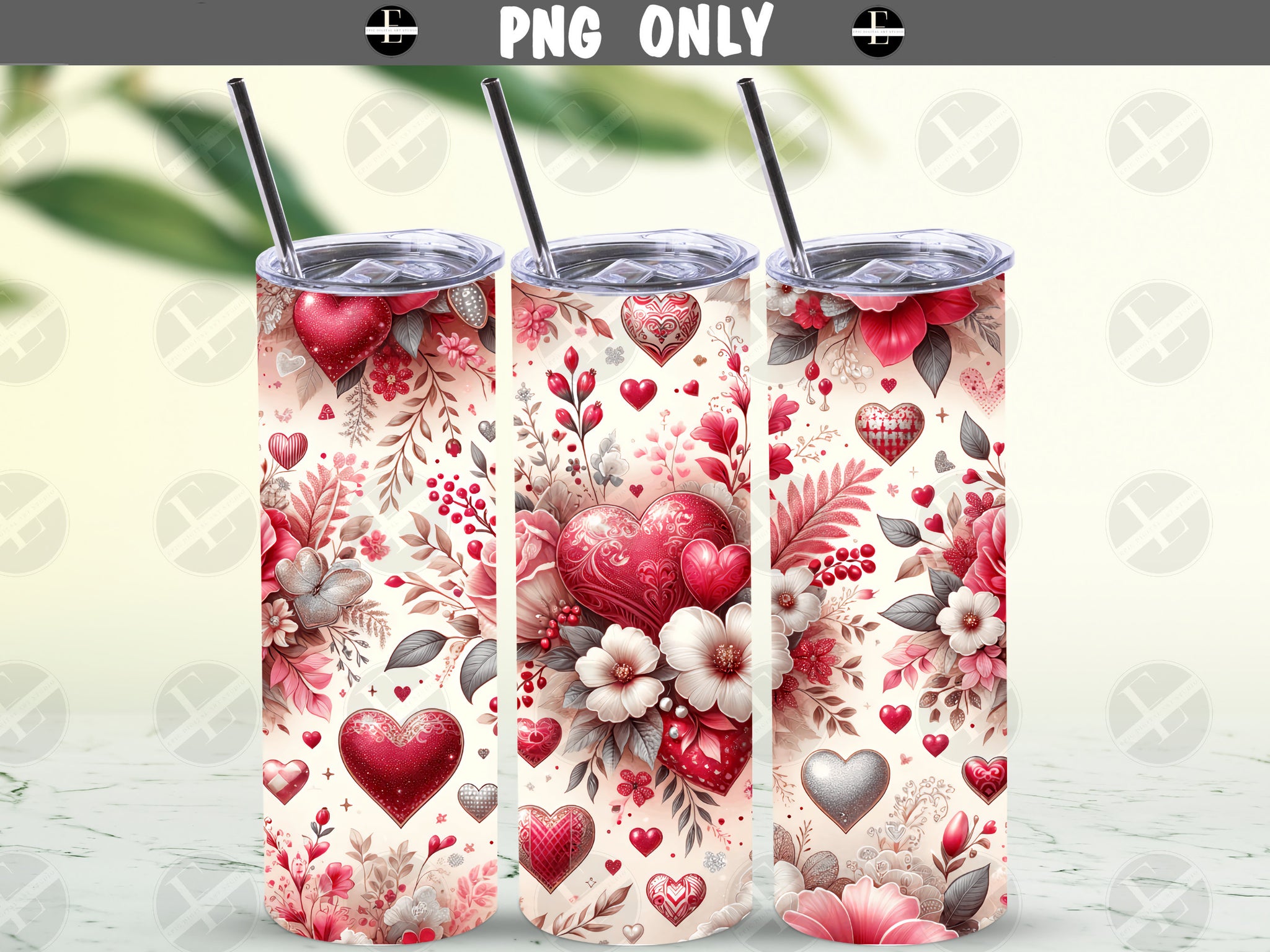 Valentines Day Tumbler Wraps - Glitter Pastel Hearts Skinny Tumbler Wrap Design - Sublimation Designs Straight & Tapered - Instant Download