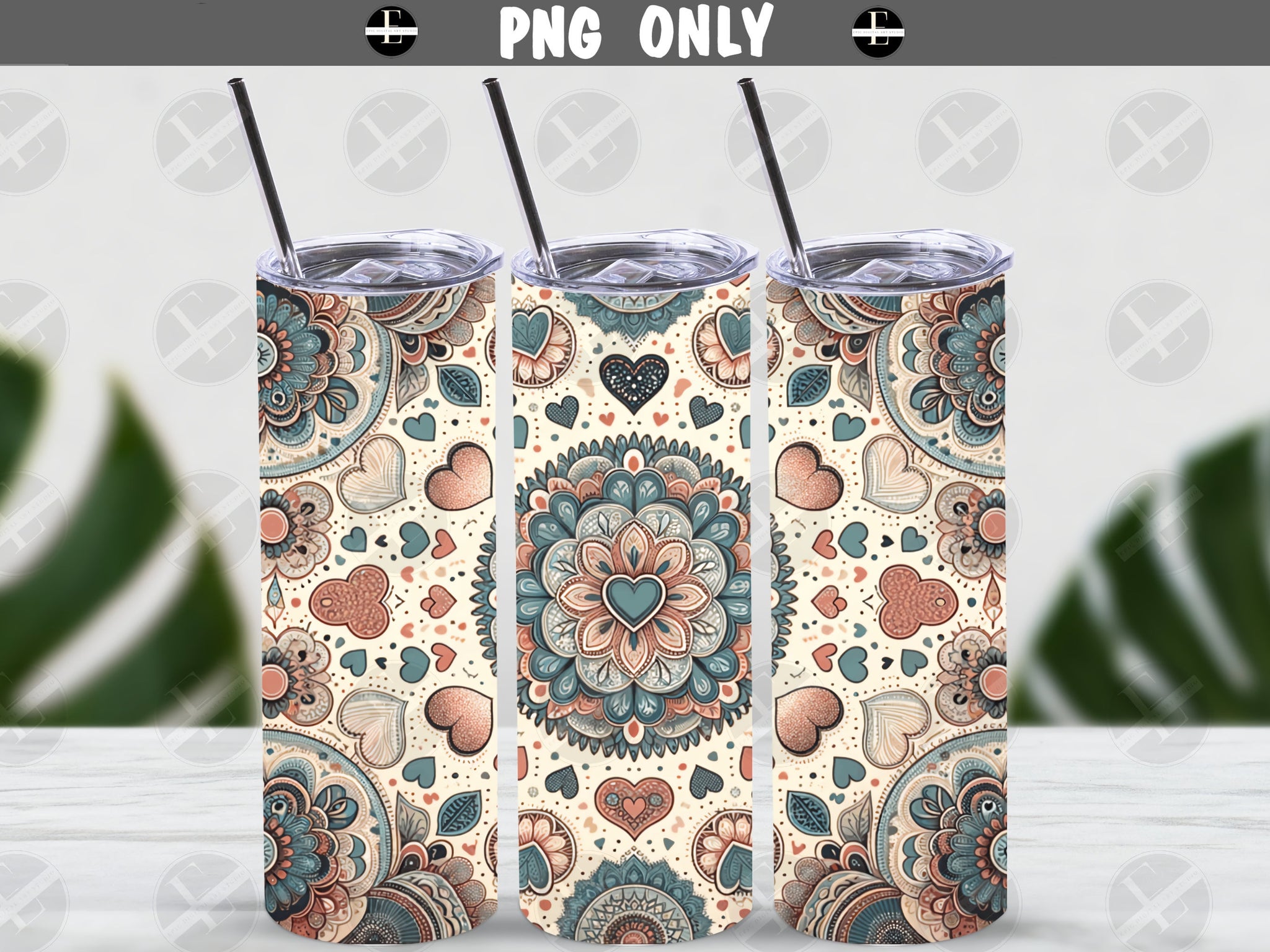 Valentines Day Tumbler Wraps - Boho Hearts Skinny Tumbler Wrap Design - Sublimation Designs Straight & Tapered - Instant Download