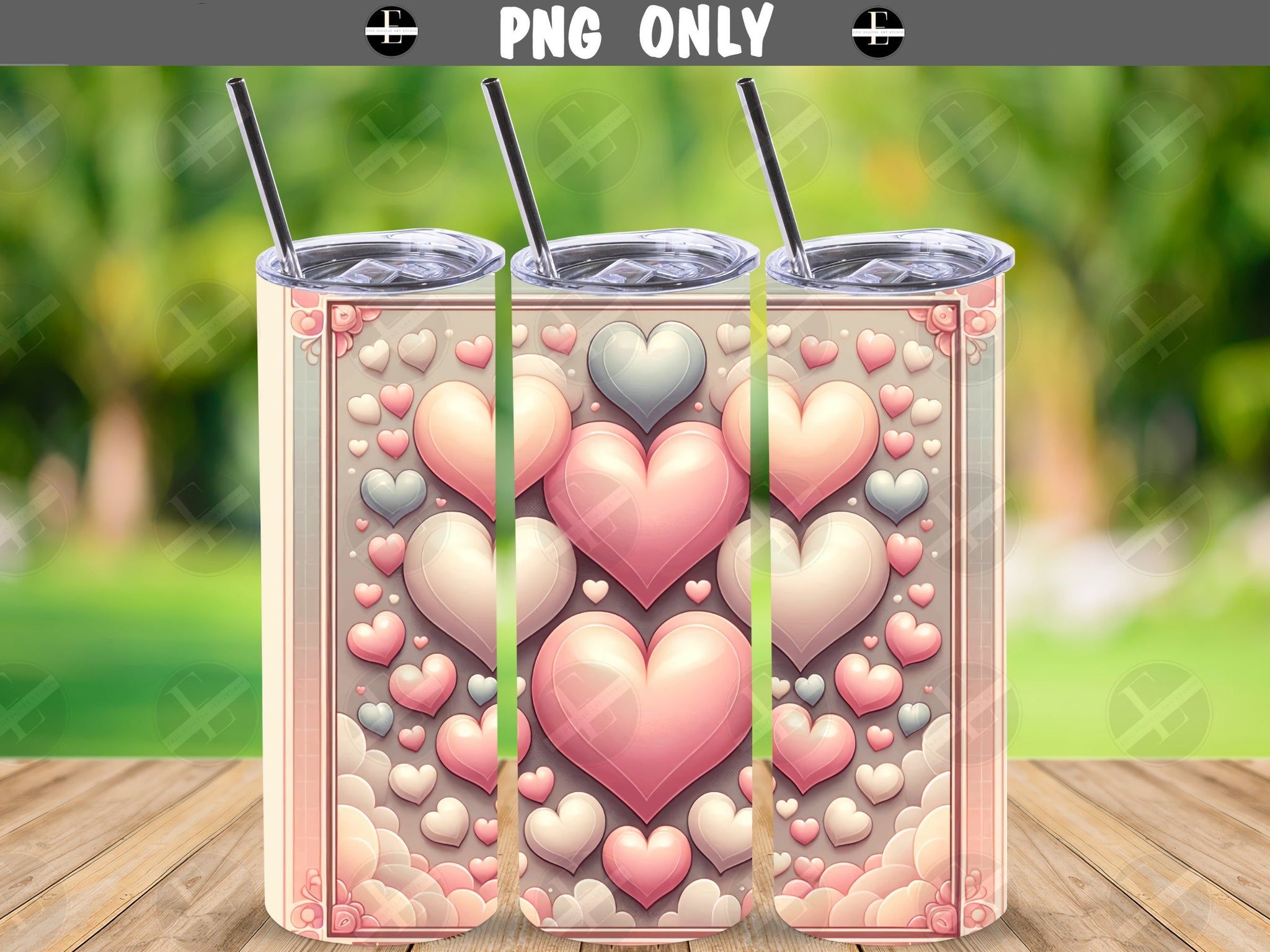 Valentines Day Tumbler Wraps - 3D Pastel Hearts Skinny Tumbler Wrap Design - Sublimation Designs Straight & Tapered - Instant Download