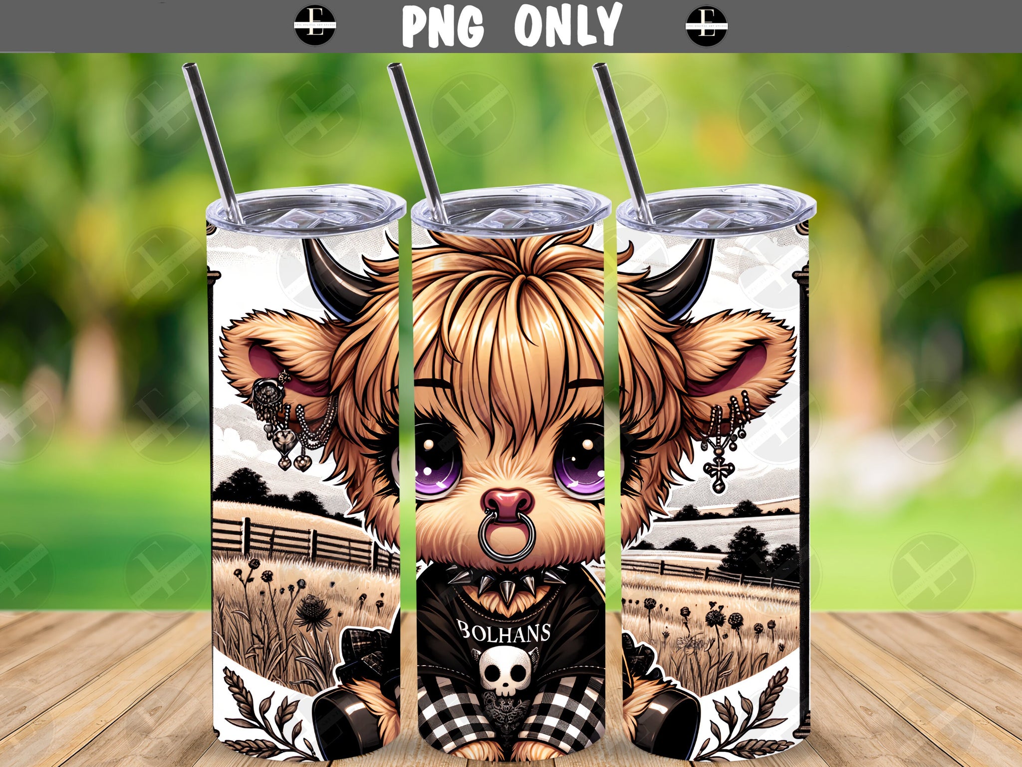Highland Cow Skinny Tumbler Wrap Design - Goth Emo Tumbler Wraps - Ideal Tumbler Sublimation Designs Straight & Tapered - Instant Download