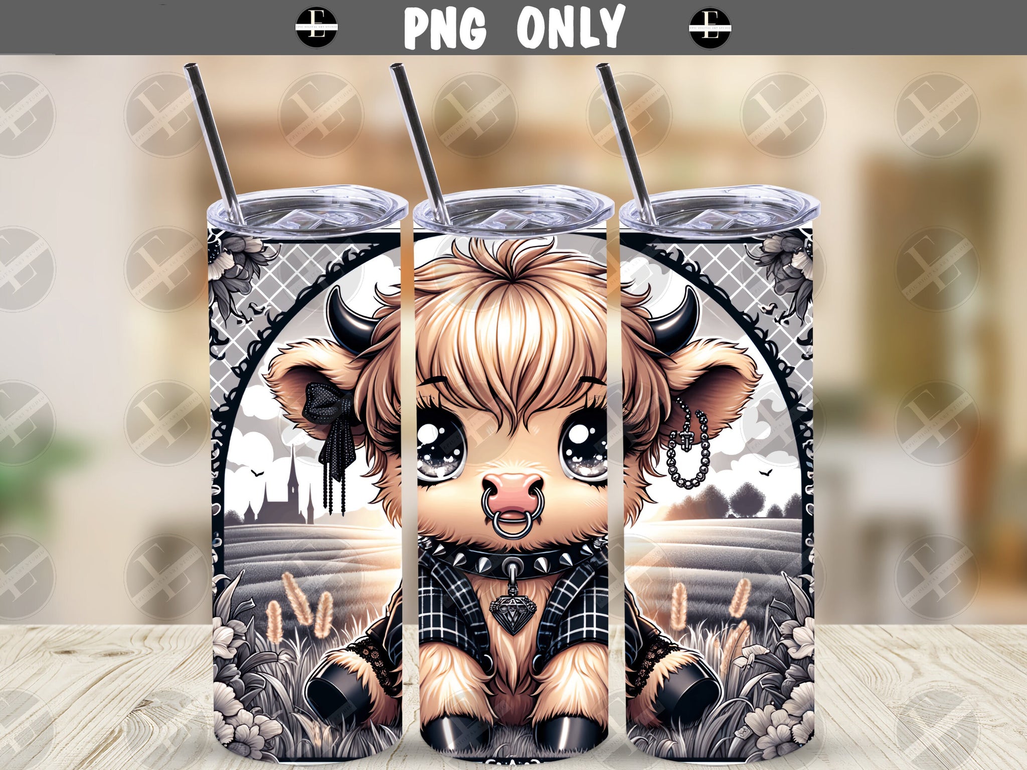 Highland Cow Skinny Tumbler Wrap Design - Goth Emo Tumbler Wraps - Ideal Tumbler Sublimation Designs Straight & Tapered - Instant Download