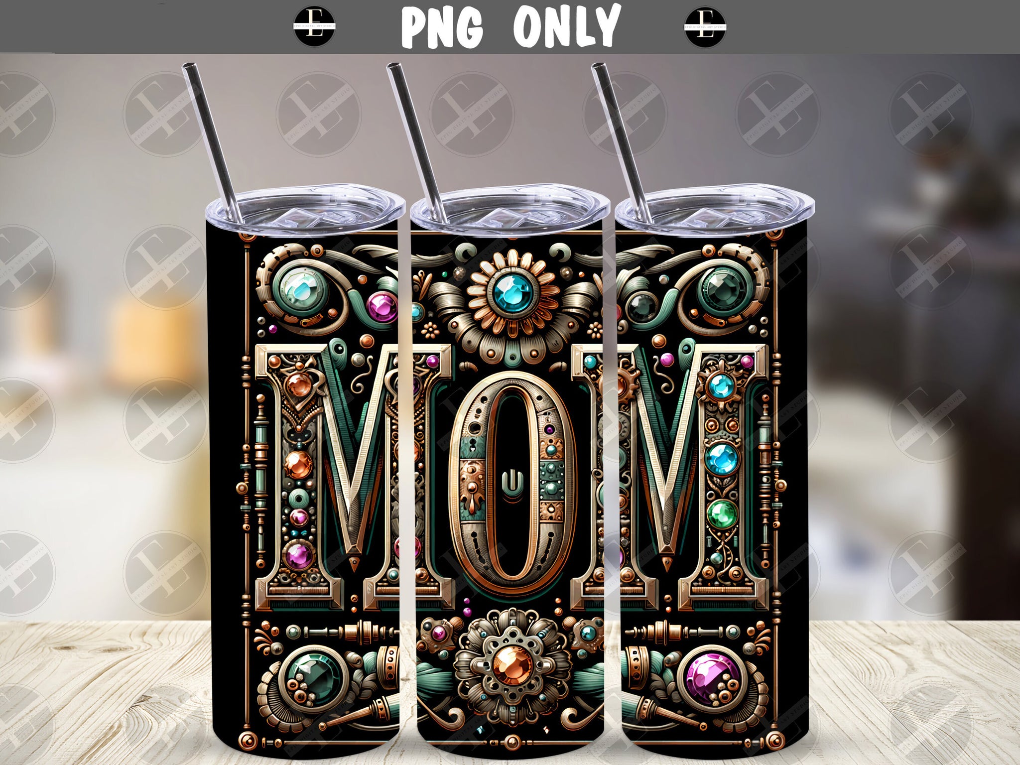 Mom Tumbler Wrap - Steampunk Mom Jeweled Tumbler Wraps - Tumbler Sublimation Designs Straight & Tapered - Instant Download