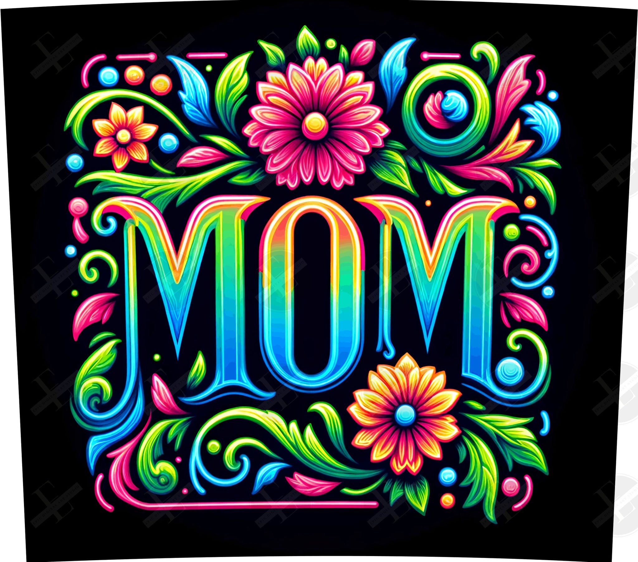 Mom Tumbler Wraps - Mom In Neon Floral Skinny Tumbler Wrap Design - Tumbler Sublimation Designs Straight & Tapered - Instant Download