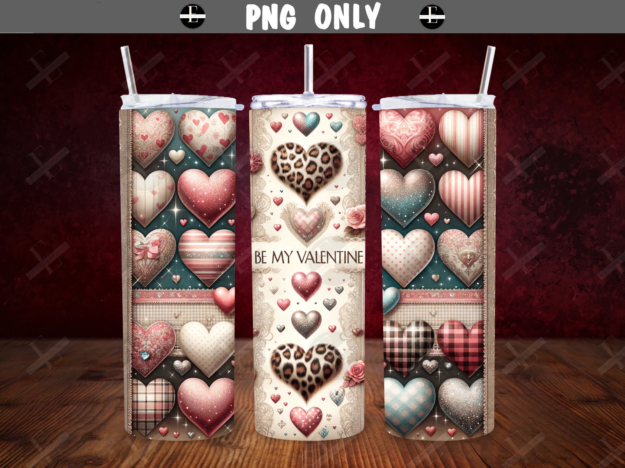 valentines tumbler wraps, be my valentine plaid hearts animal print hearts and lace skinny tumbler wraps 20 oz