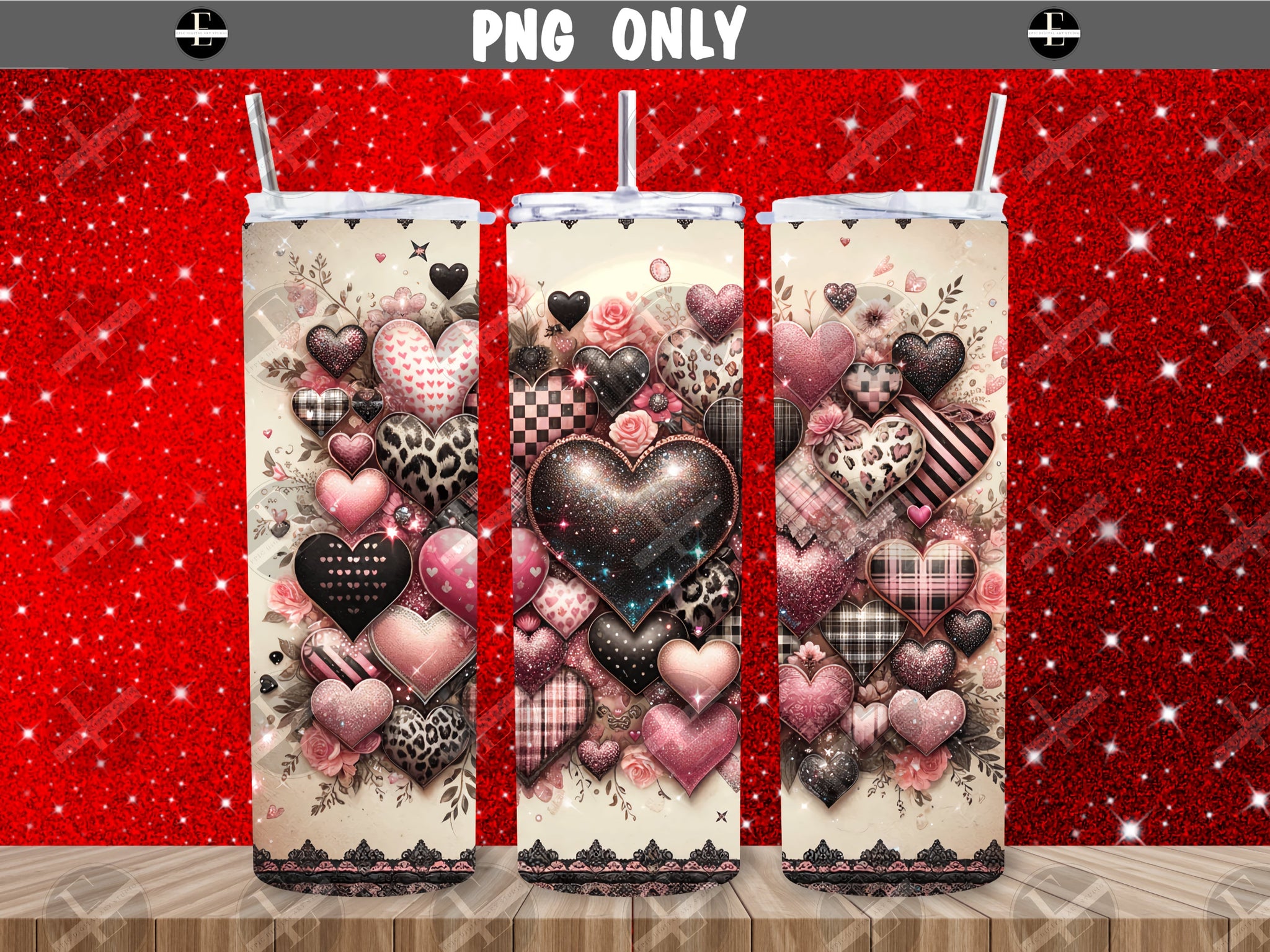 Valentines Day Tumbler Wraps - Animal Print Hearts Skinny Tumbler Wrap Design - Sublimation Designs Straight & Tapered - Instant Download