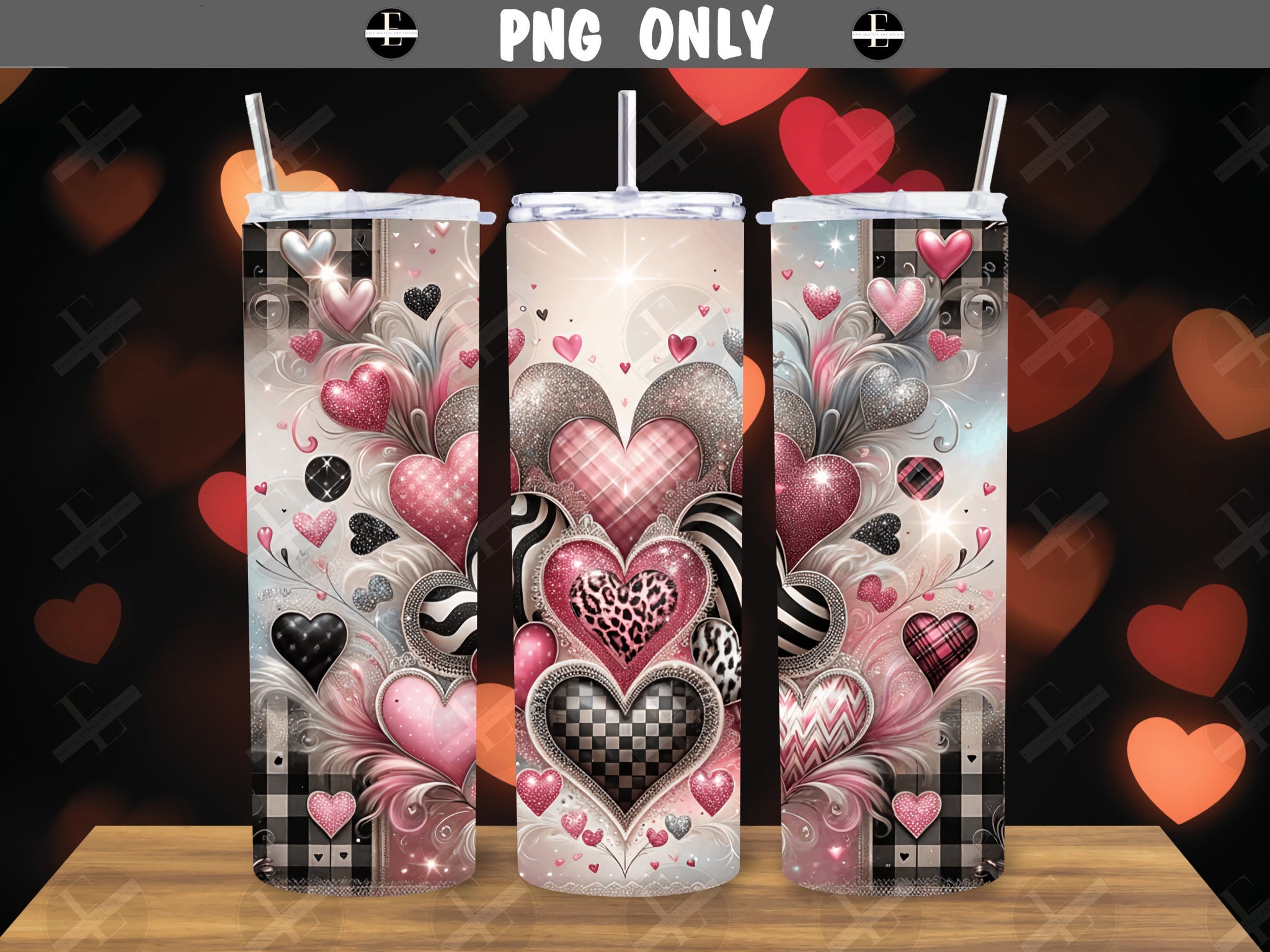 Valentines Day Tumbler Wraps - Animal Print Hearts Skinny Tumbler Wrap Design - Sublimation Designs Straight & Tapered - Instant Download