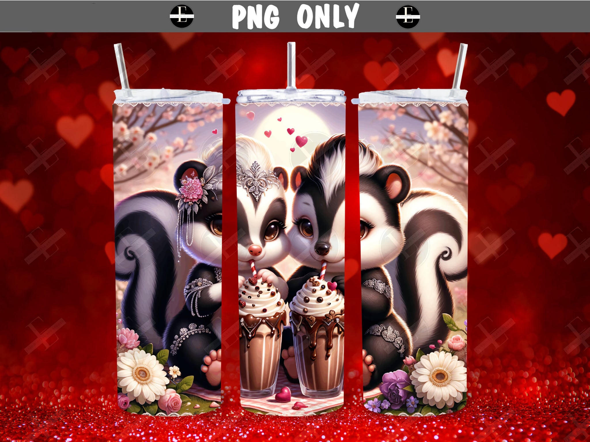 Valentine's Day Tumbler Wraps - Skunks Sipping Shake Skinny Tumbler Wrap Design - Sublimation Designs Straight & Tapered - Instant Download