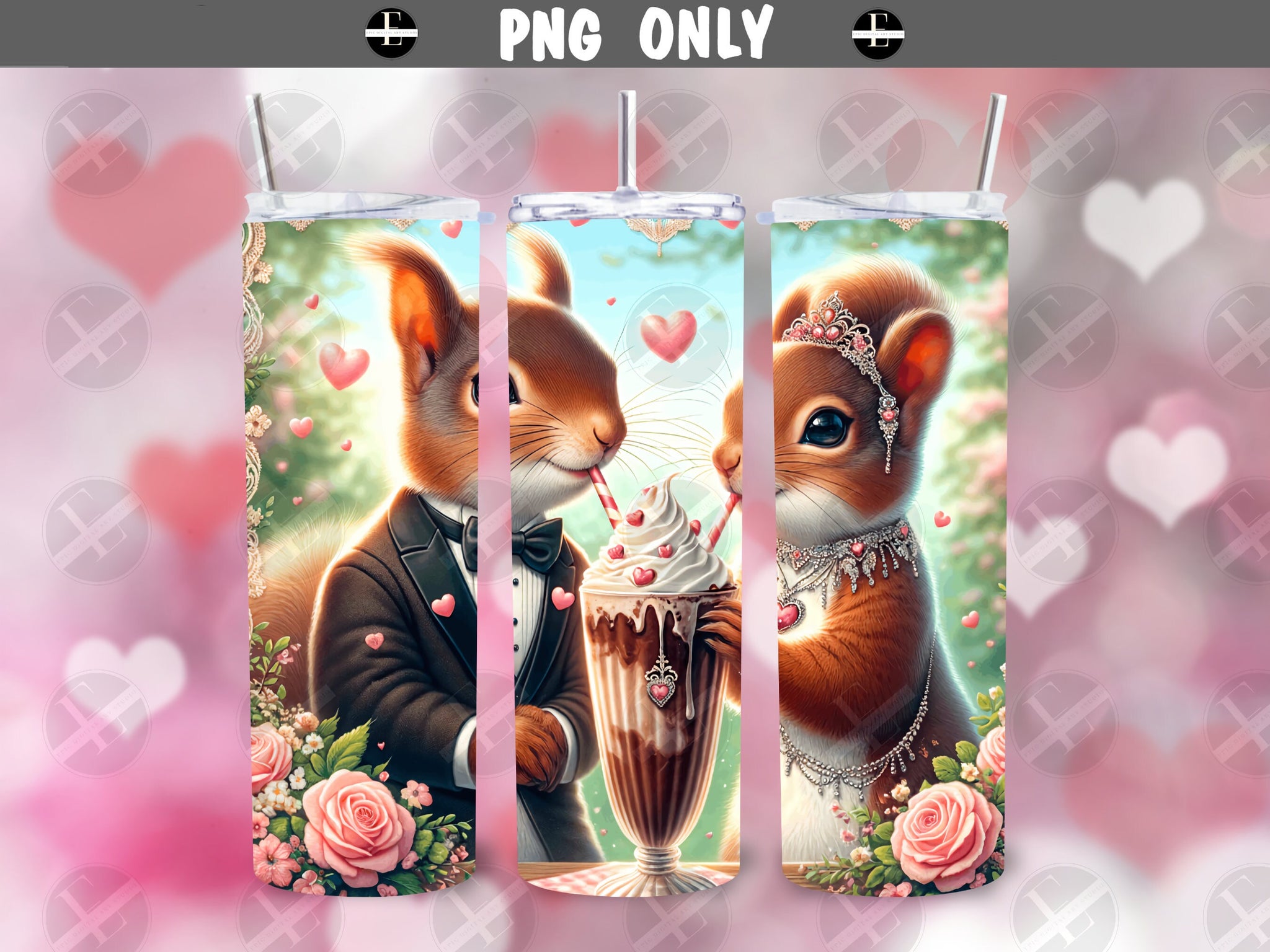 Valentine's Tumbler Wraps - Squirrels Sipping Shake Skinny Tumbler Wrap Design - Sublimation Designs Straight & Tapered - Instant Download