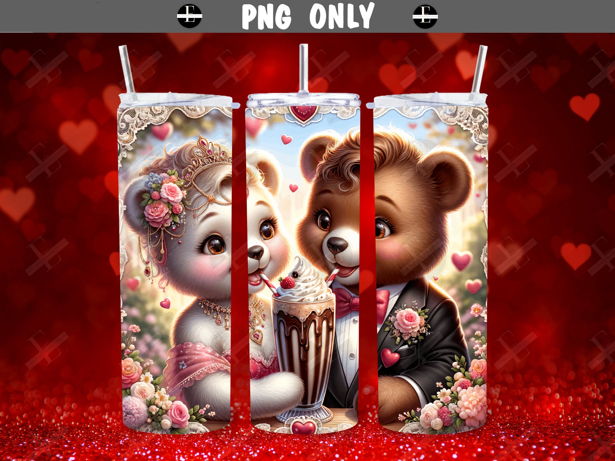 Valentine's Tumbler Wraps - Bears Sipping Shake Skinny Tumbler Wrap Design - Sublimation Designs Straight & Tapered - Instant Download