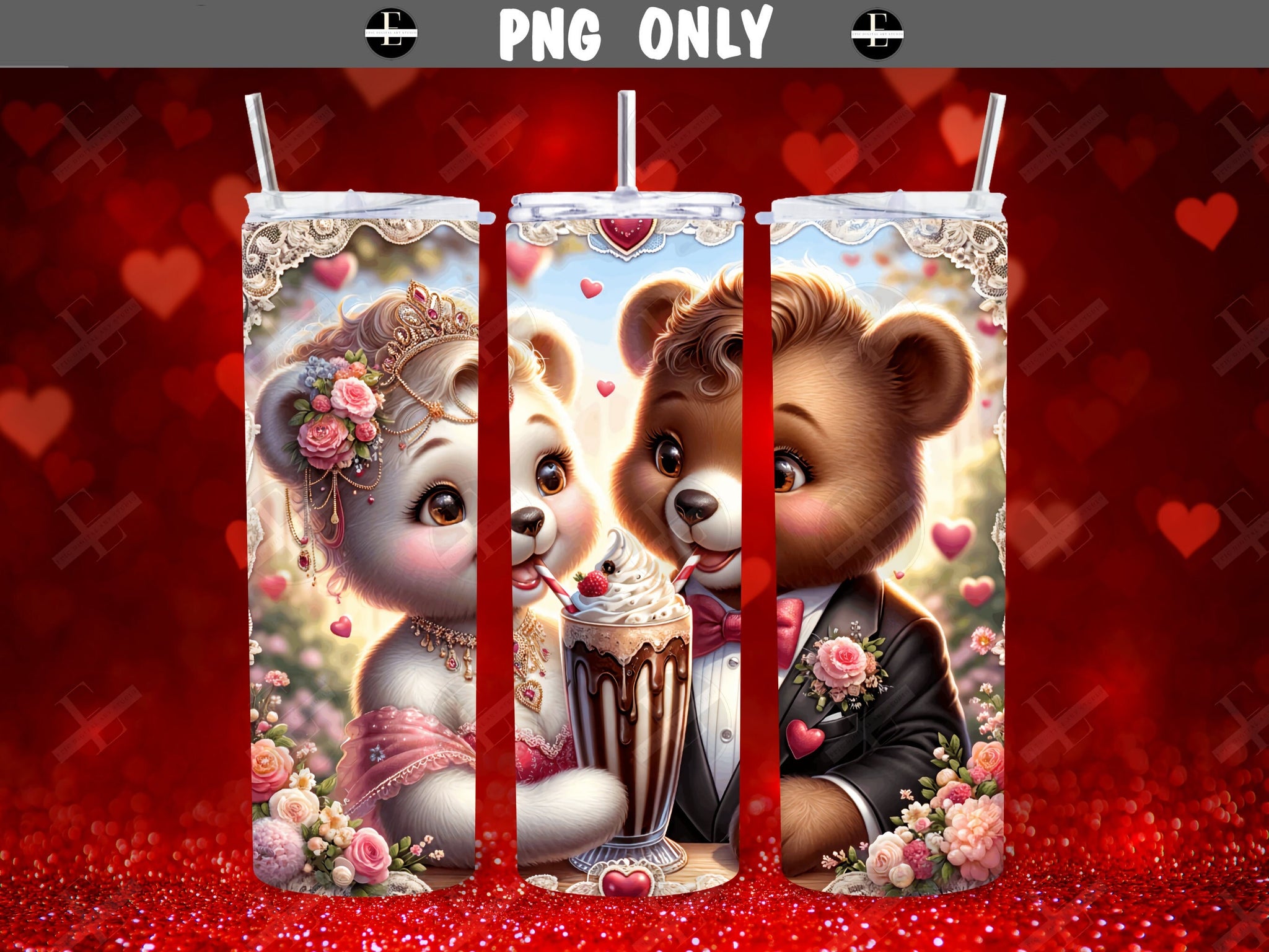 valentines tumbler wraps, bears sipping shake, skinny tumbler sublimation designs 20 oz