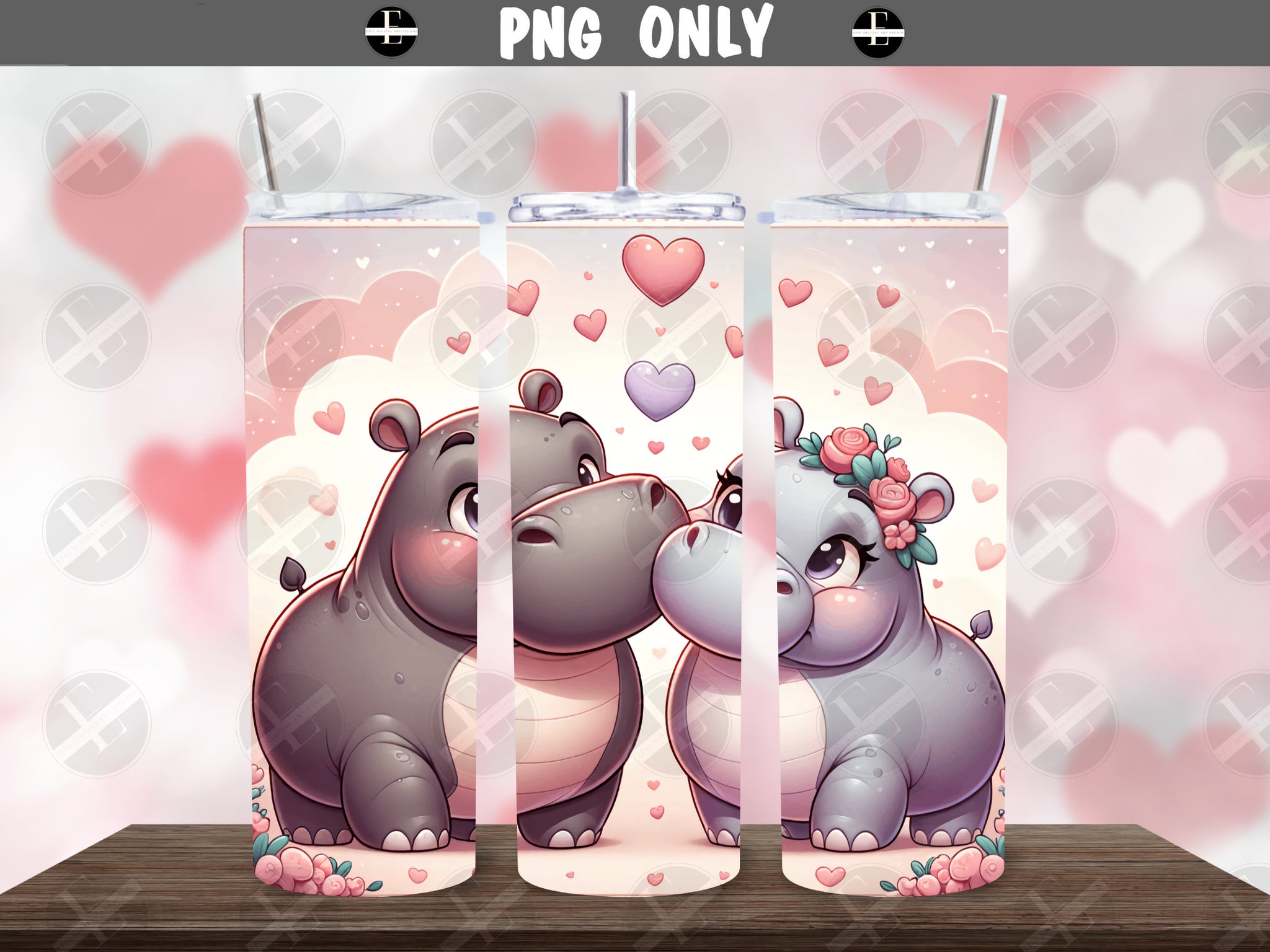 Valentine's Tumbler Wraps - Cute Hippos In Love Skinny Tumbler Wrap Design - Sublimation Designs Straight & Tapered - Instant Download