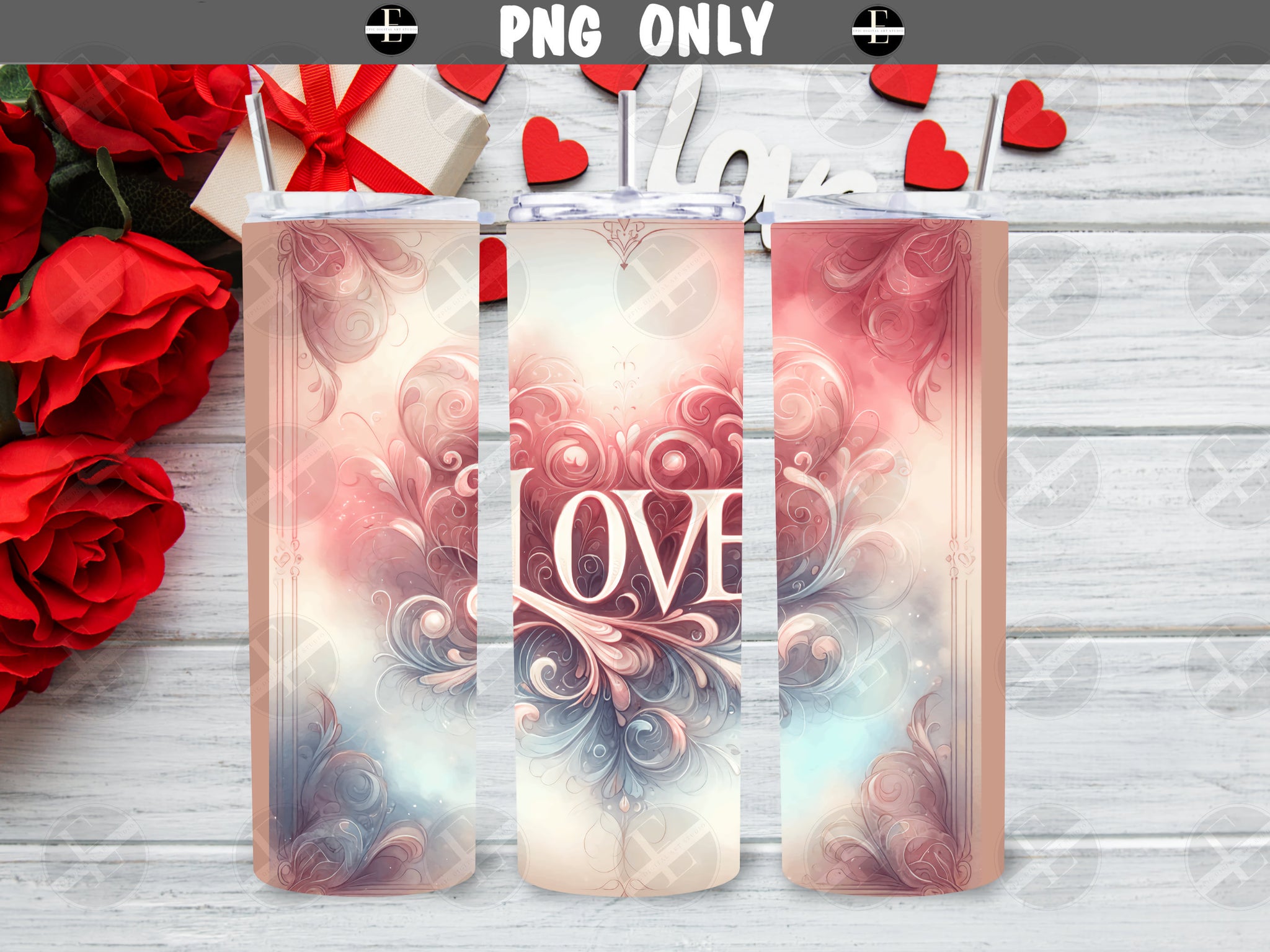 Valentines Day Tumbler Wraps - Love in Pastel Skinny Tumbler Wrap Design - Sublimation Designs Straight & Tapered - Instant Download