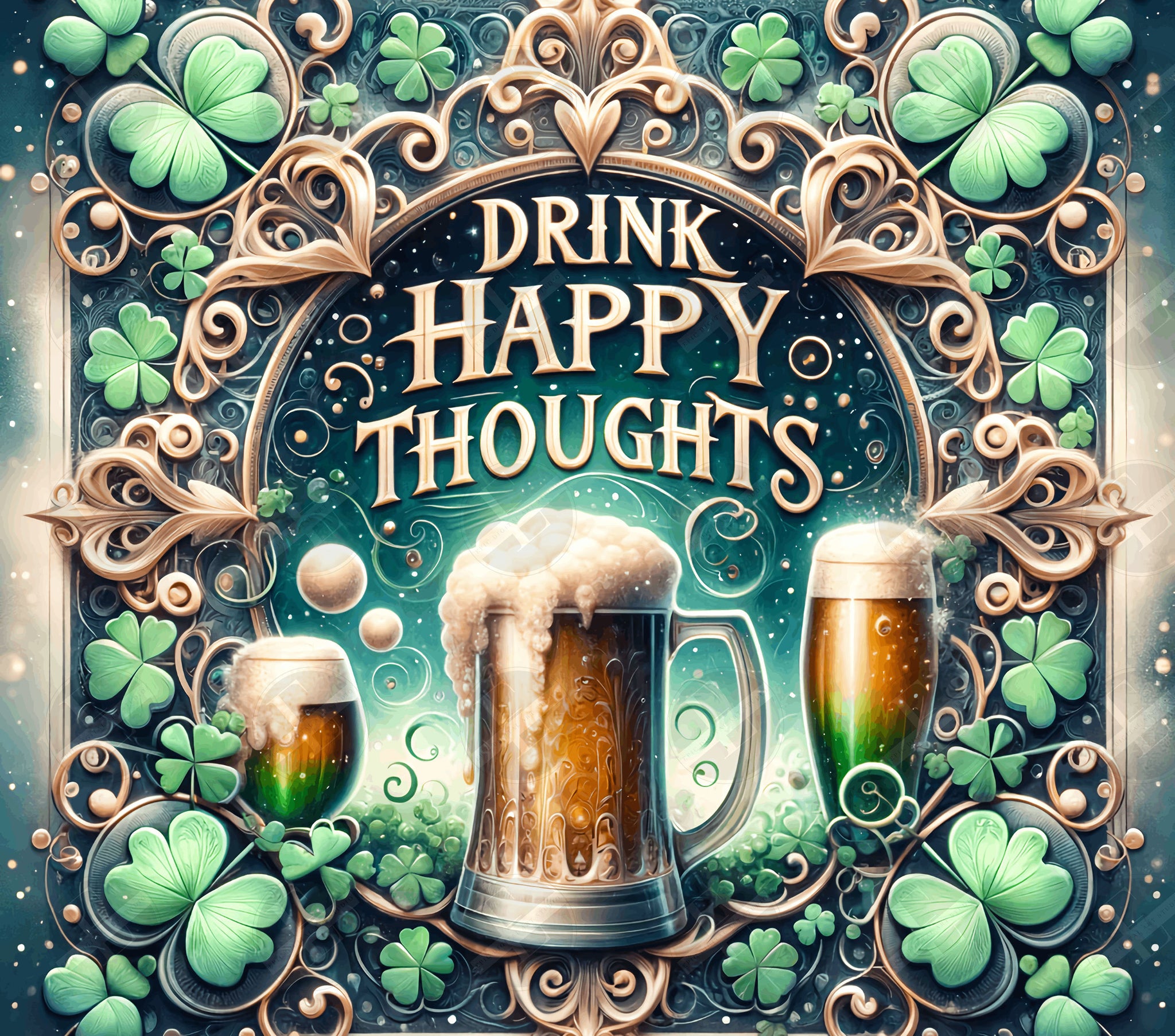 St Patricks Tumbler Wraps - Drink Happy Thoughts Skinny Tumbler Wrap Design - Sublimation Designs Straight & Tapered - Instant Download