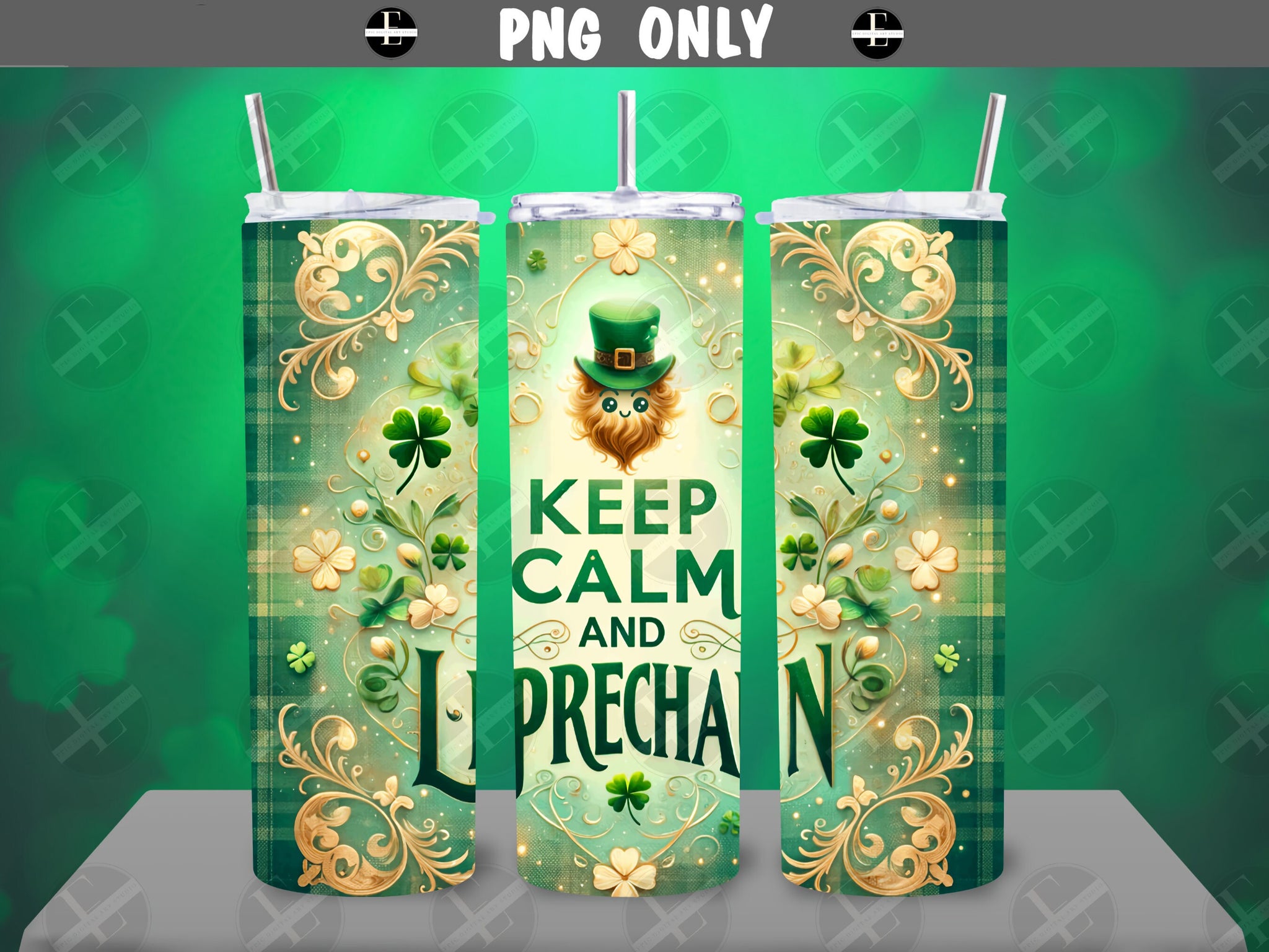 St Patricks Tumbler Wraps - Keep Calm and Leprechaun Skinny Tumbler Wrap Design - Sublimation Designs Straight & Tapered - Instant Download