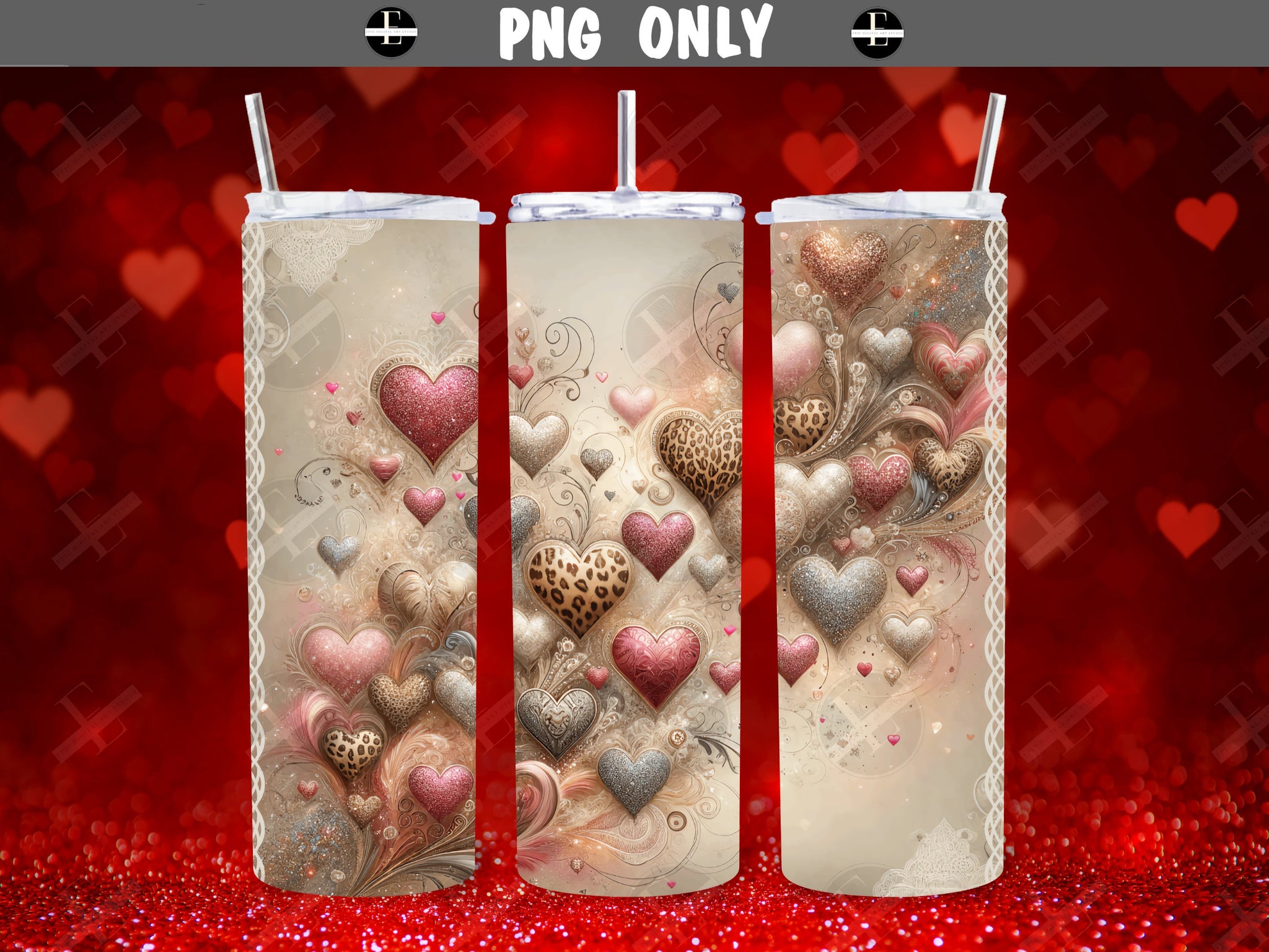 Valentines Day Tumbler Wraps - Animal Print Hearts Skinny Tumbler Wrap Design - Sublimation Designs Straight & Tapered - Instant Download